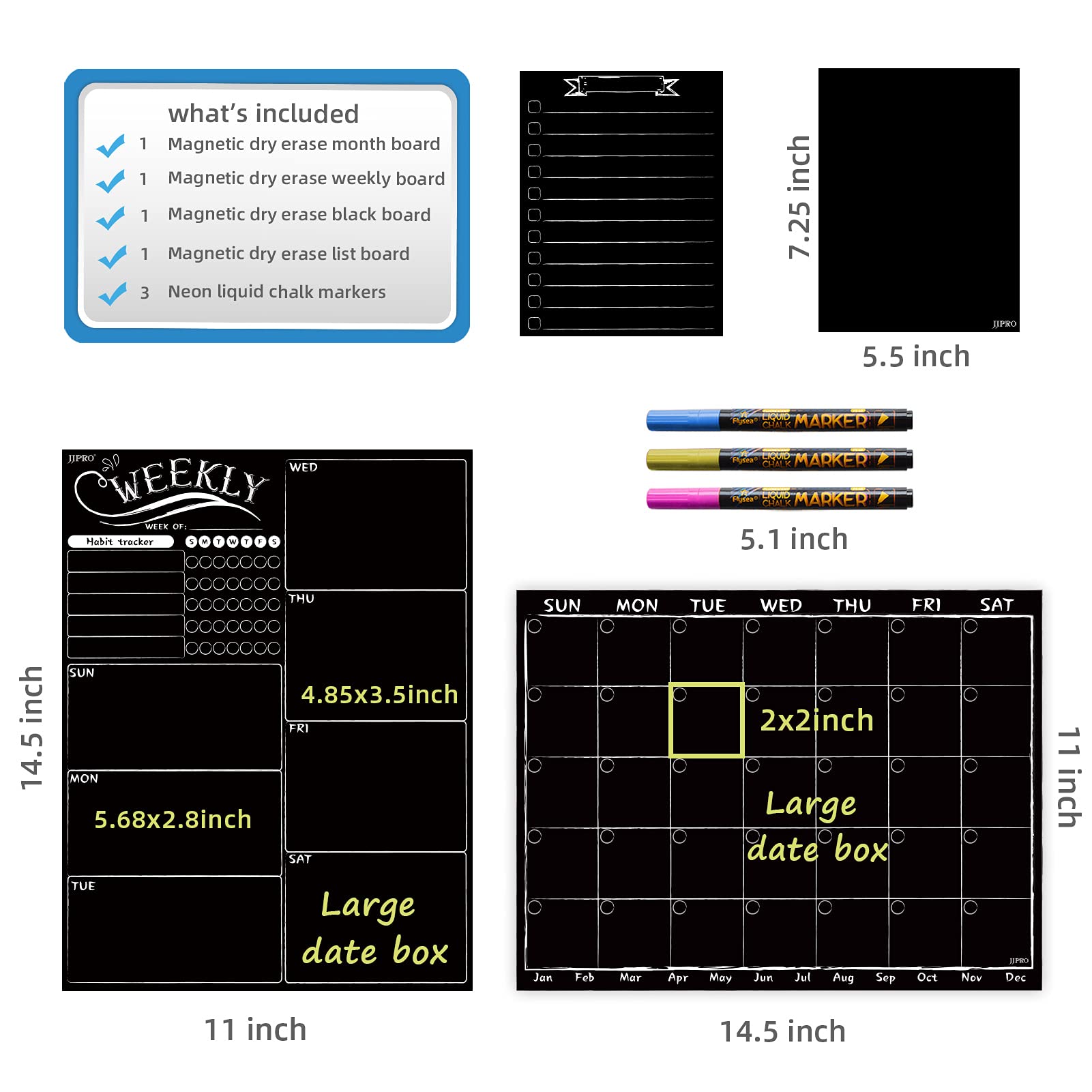 Magnetic Chalkboard Monthly Calendar Set - Weekly Planner & Refrigerator Blackboard with Neon Liquid Chalk Markers - Includes Bonus Grocery List Notepad for Kitchen Organization & Home Office Planning