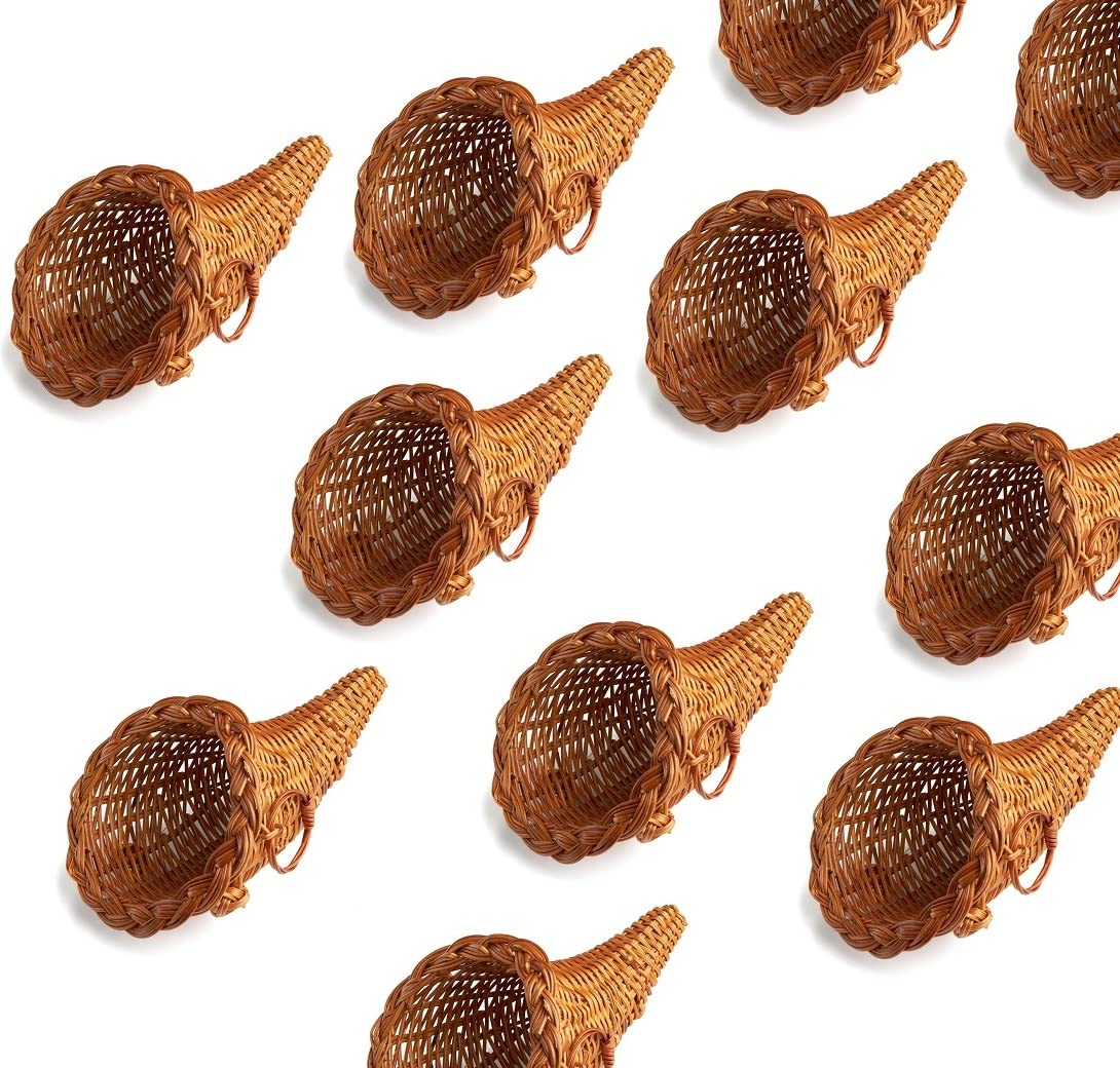 12-Pack Thanksgiving Cornucopia Horn of Plenty Baskets - Natural Wicker Harvest Centerpieces for Fall Table Decor, Autumn Party Supplies & Holiday Display | Bulk Wholesale by Factory Direct Craft
