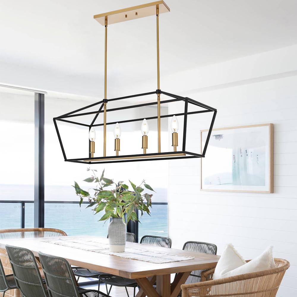 4-Light Farmhouse Linear Chandelier - Adjustable Height Kitchen Island Pendant Lighting for Dining Room, Breakfast Nook & Bar Counter | Modern Rustic Ceiling Light Fixture for Table Hanging