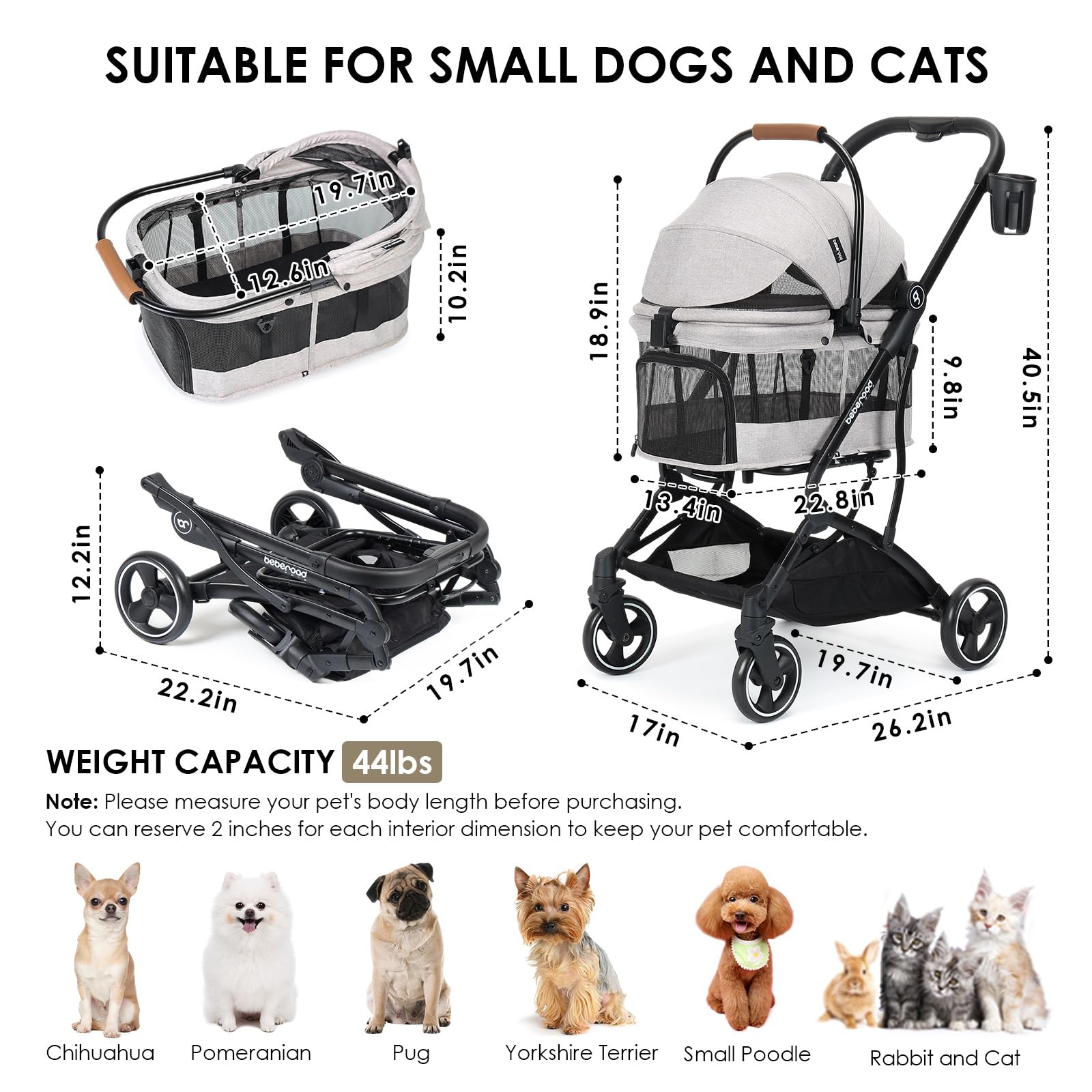 T3 Pet Stroller 3-in-1 for Small & Medium Dogs & Cats - Foldable Lightweight Dog Stroller with Detachable Carrier | Travel-Ready Pet Gear for Walks, Vet Visits & Outdoor Adventures (Grey)