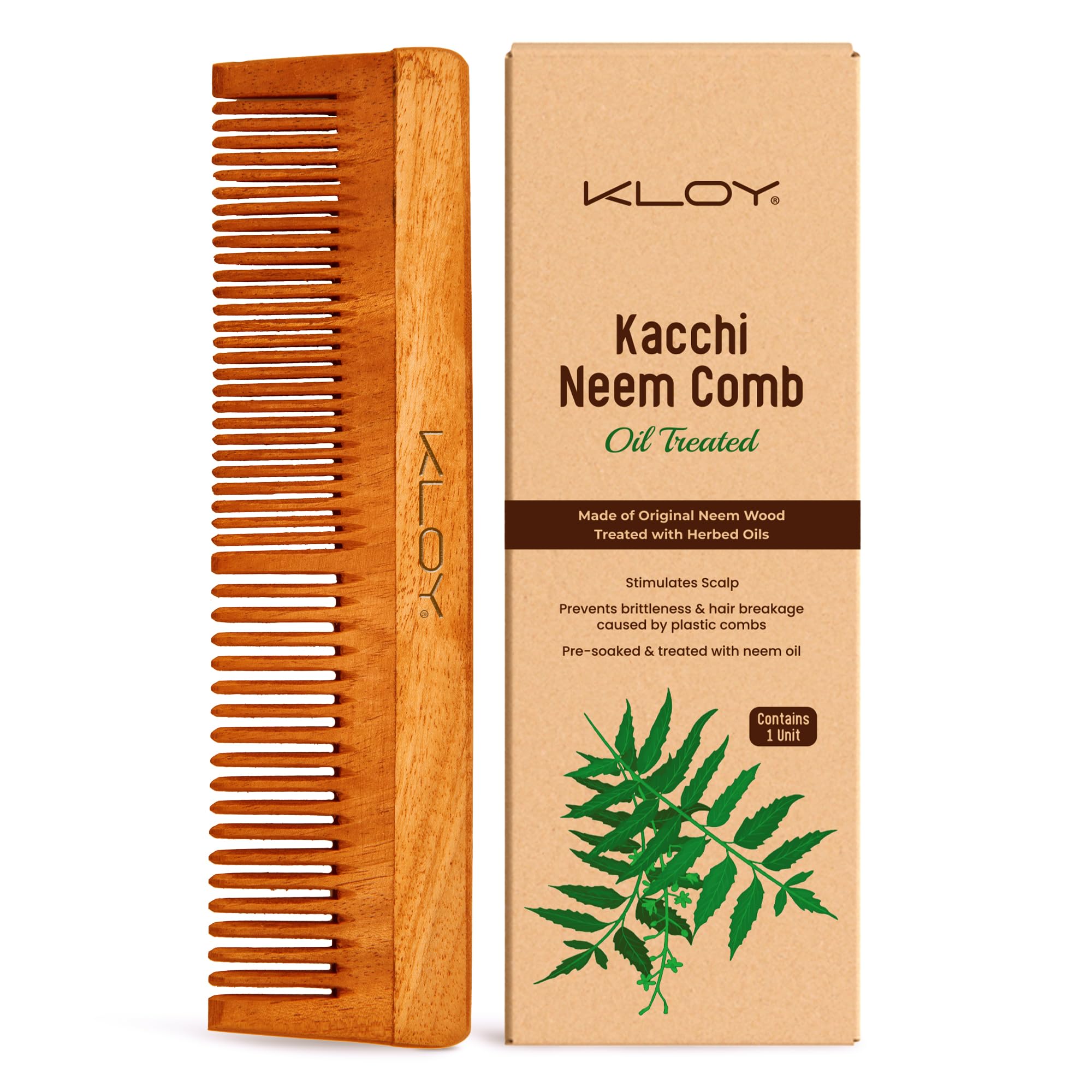 KLOY Oil Treated Kacchi Neem Comb for Hair Growth - Infused with Neem Oil, Bhringraj & 15+ Herbs | Anti Hairfall & Dandruff Control | Frizz & Straightening Comb for Men & Women (Dual Tooth) | Perfect for Daily Hair Care & Scalp Massage