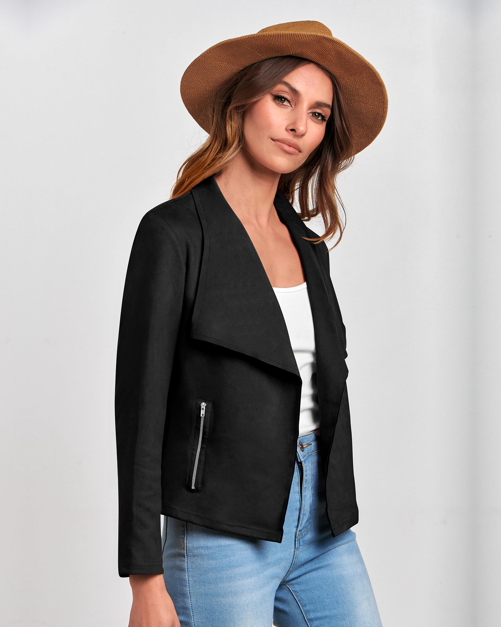 BTFBM Women's Faux Suede Jacket - Elegant Lapel Long Sleeve Open Front Cropped Coat for Spring & Summer 2025 | Perfect for Office Wear, Date Nights & Casual Outings