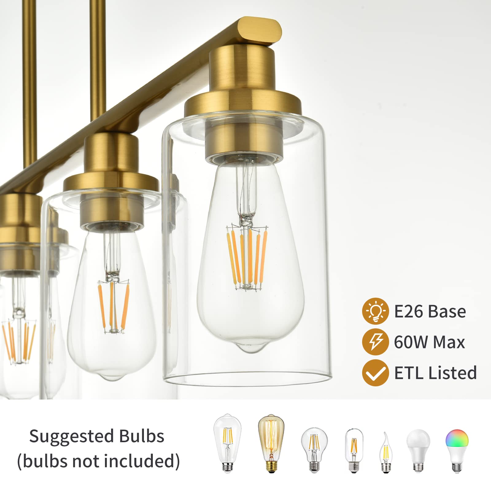 Modern 5-Light Kitchen Island Lighting - Gold Linear Farmhouse Chandelier with Clear Glass Shade for Dining Room & Breakfast Nook - Perfect Over Tables, Countertops and Kitchen Islands