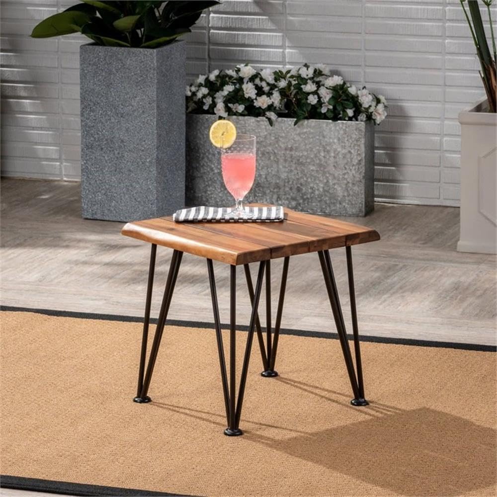 Noble House Zion Iron and Acacia Wood Outdoor Side Table - Natural Finish Patio End Table for Garden, Poolside & Deck Decor