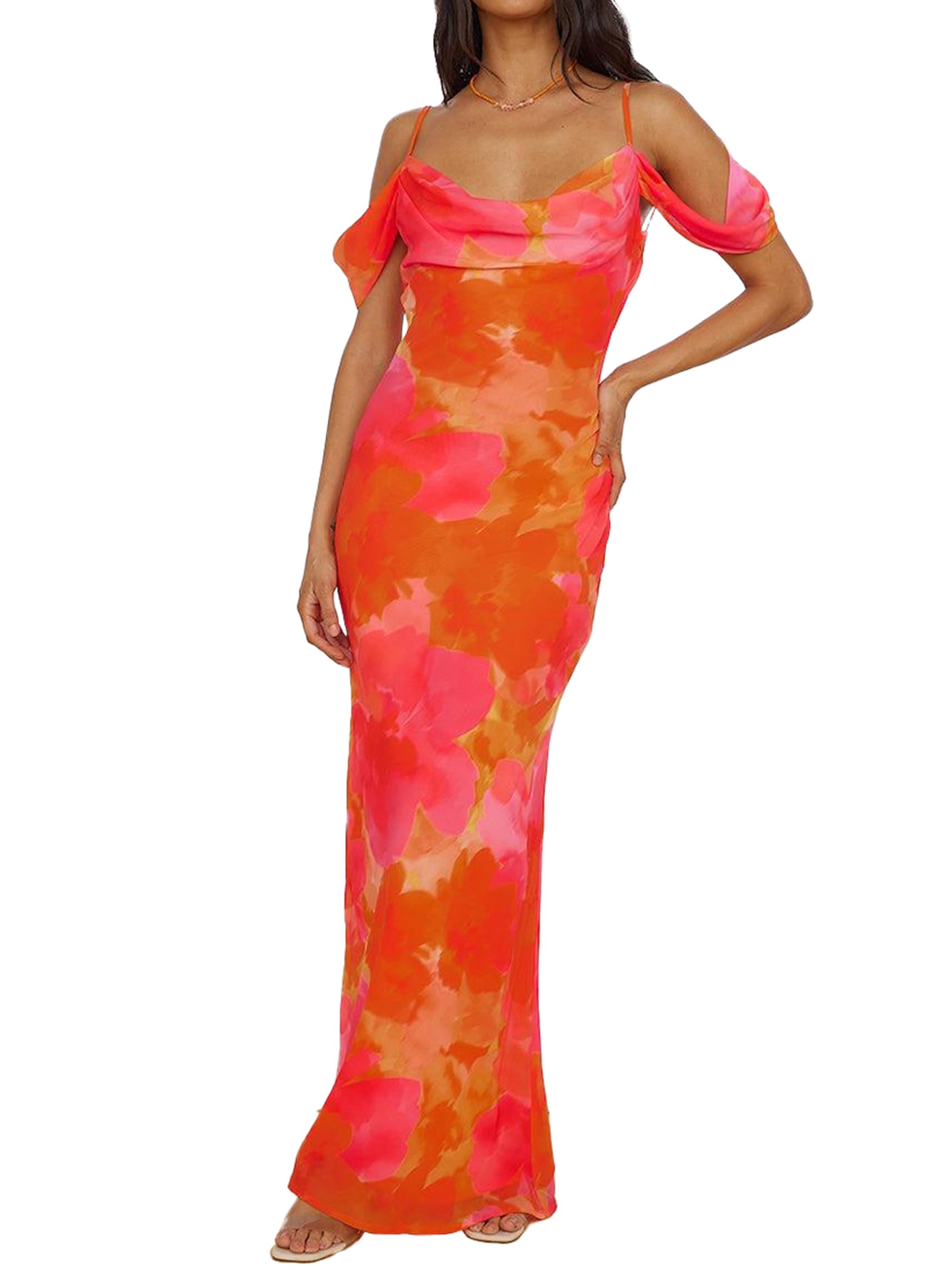 MASCOMODA Women's Floral Spaghetti Strap Long Maxi Dress - Sexy Backless Bodycon Formal Gown for Wedding Guest, Summer Party & Evening Occasions 2025