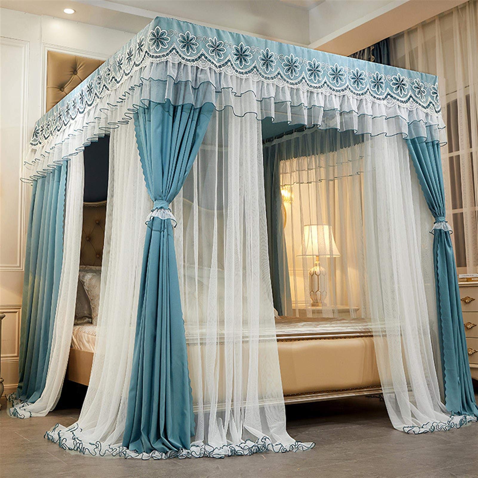 Shairmb Blackout Bed Canopy Net - Luxury 4 Corner Post Mosquito Net with 3 Openings, Square Top Design (180×220cm) for Bedroom Decor & Romantic Nights