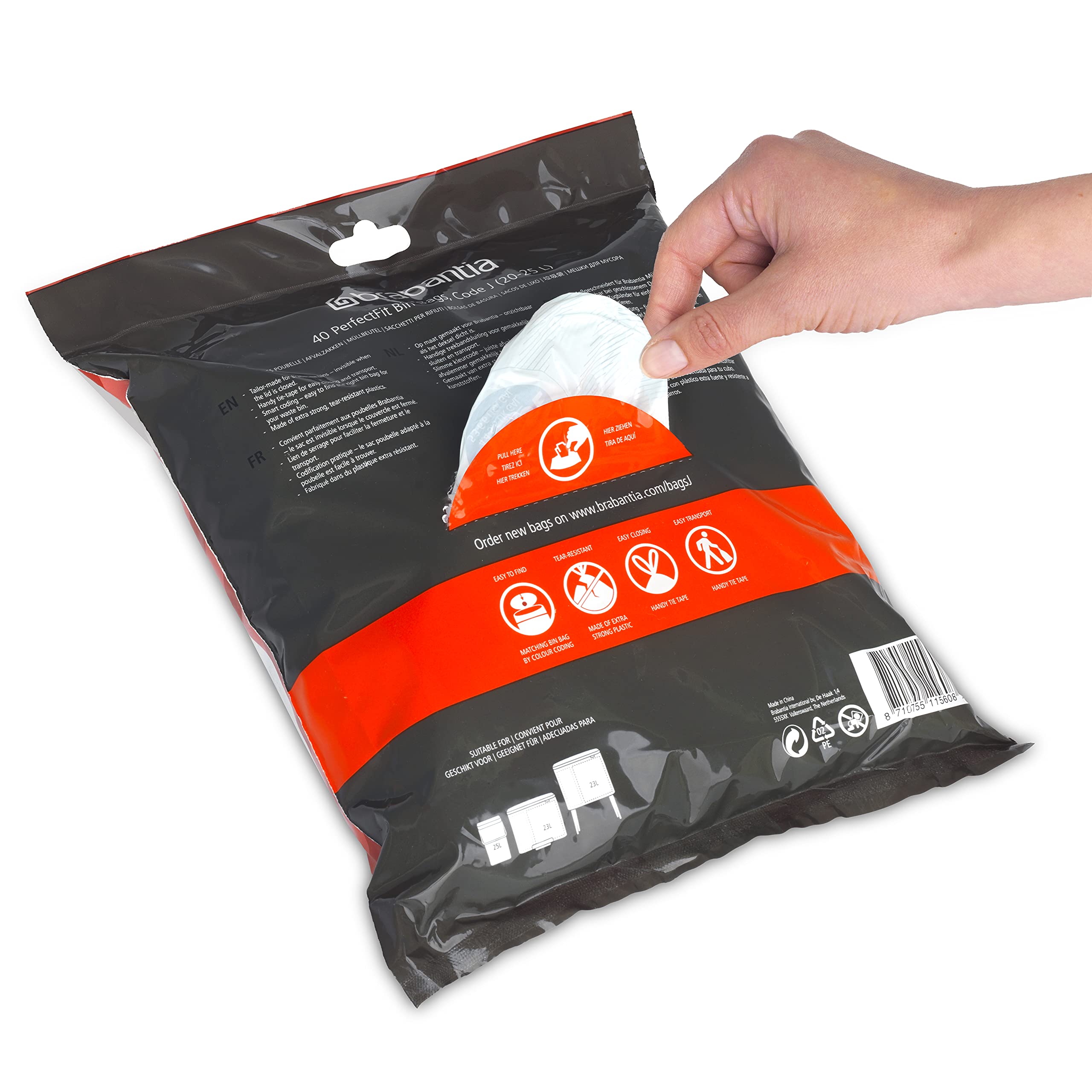 Brabantia PerfectFit Trash Bags - 40 Count J Size (5.3-6.6 Gallon) Heavy Duty Drawstring Trash Can Liners - Ideal for Kitchen, Bathroom & Office Waste Disposal