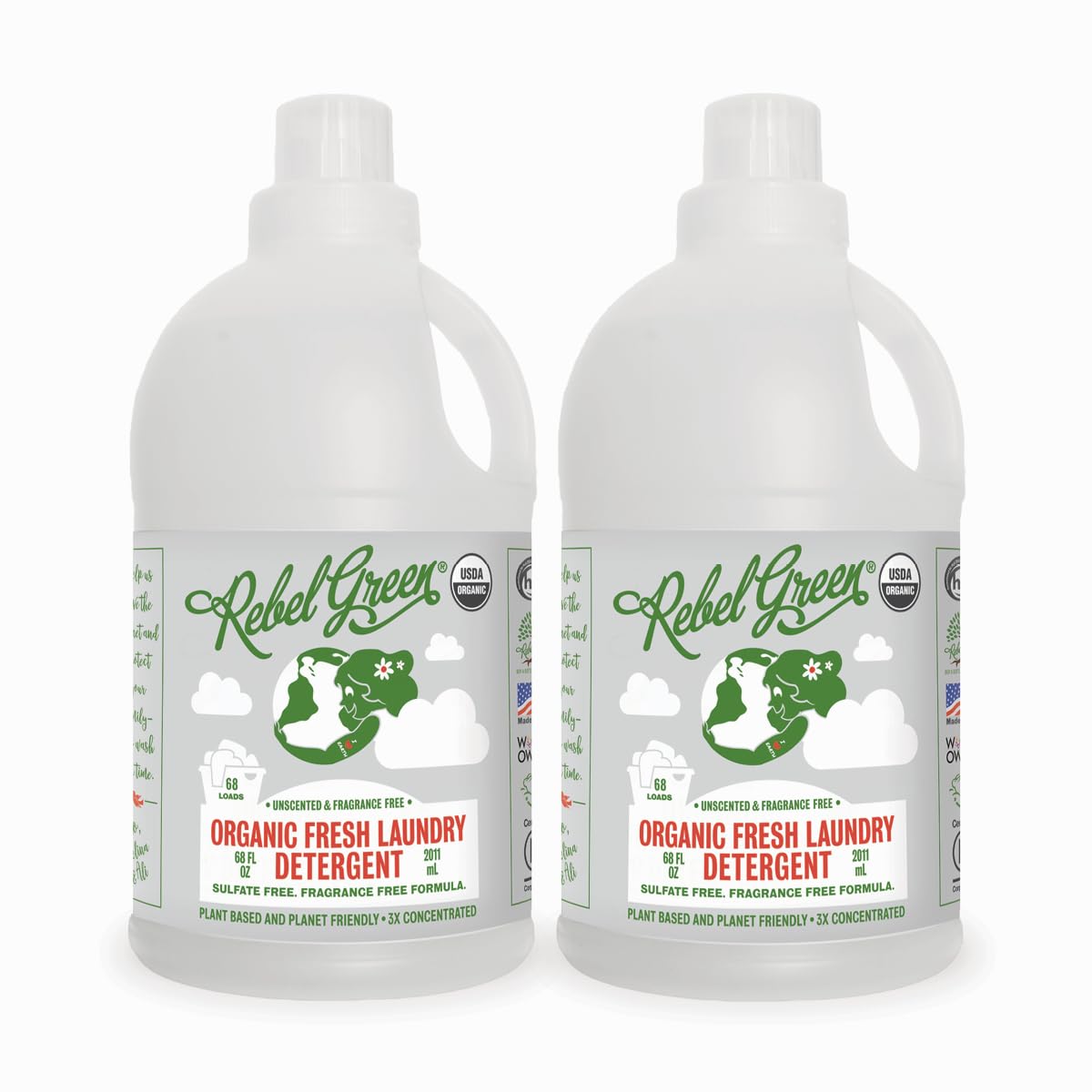 Rebel Green Organic Laundry Detergent - Natural Eco-Friendly Liquid Laundry Soap with Dispenser Cup | Hypoallergenic & Unscented for Sensitive Skin | 68 Loads per Bottle (2 Pack) | Perfect for Babies, Delicate Fabrics & Allergy Sufferers