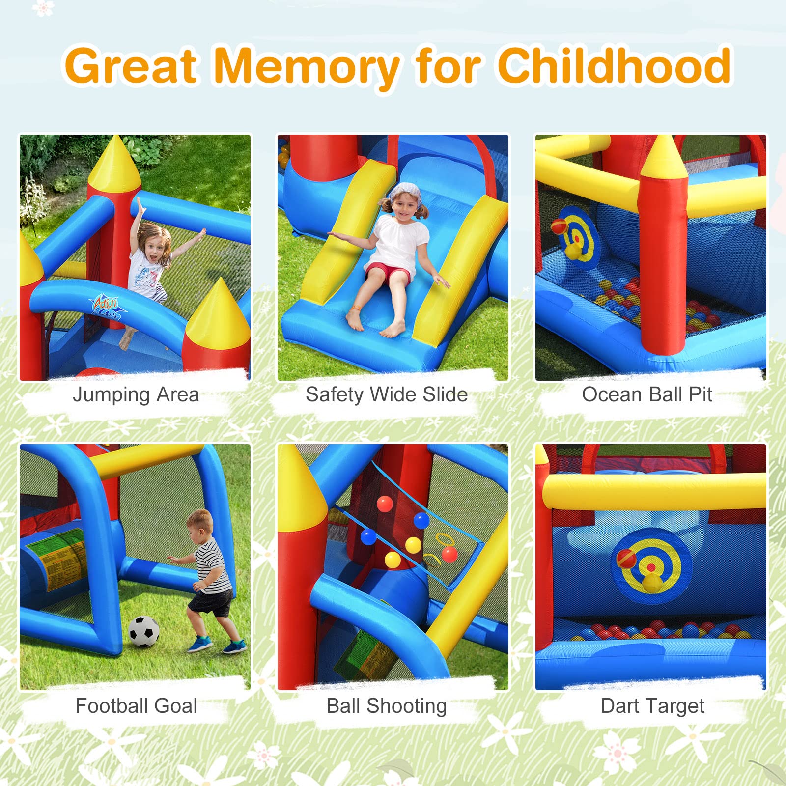 **HONEY JOY 6-in-1 Inflatable Bounce House with Blower – Kids Bouncy Castle for Ages 5-12, Indoor & Outdoor Play with Soccer Goal & Ocean Balls – Perfect for Backyard Parties, Birthdays & Summer Fun (Includes 740W Blower)**