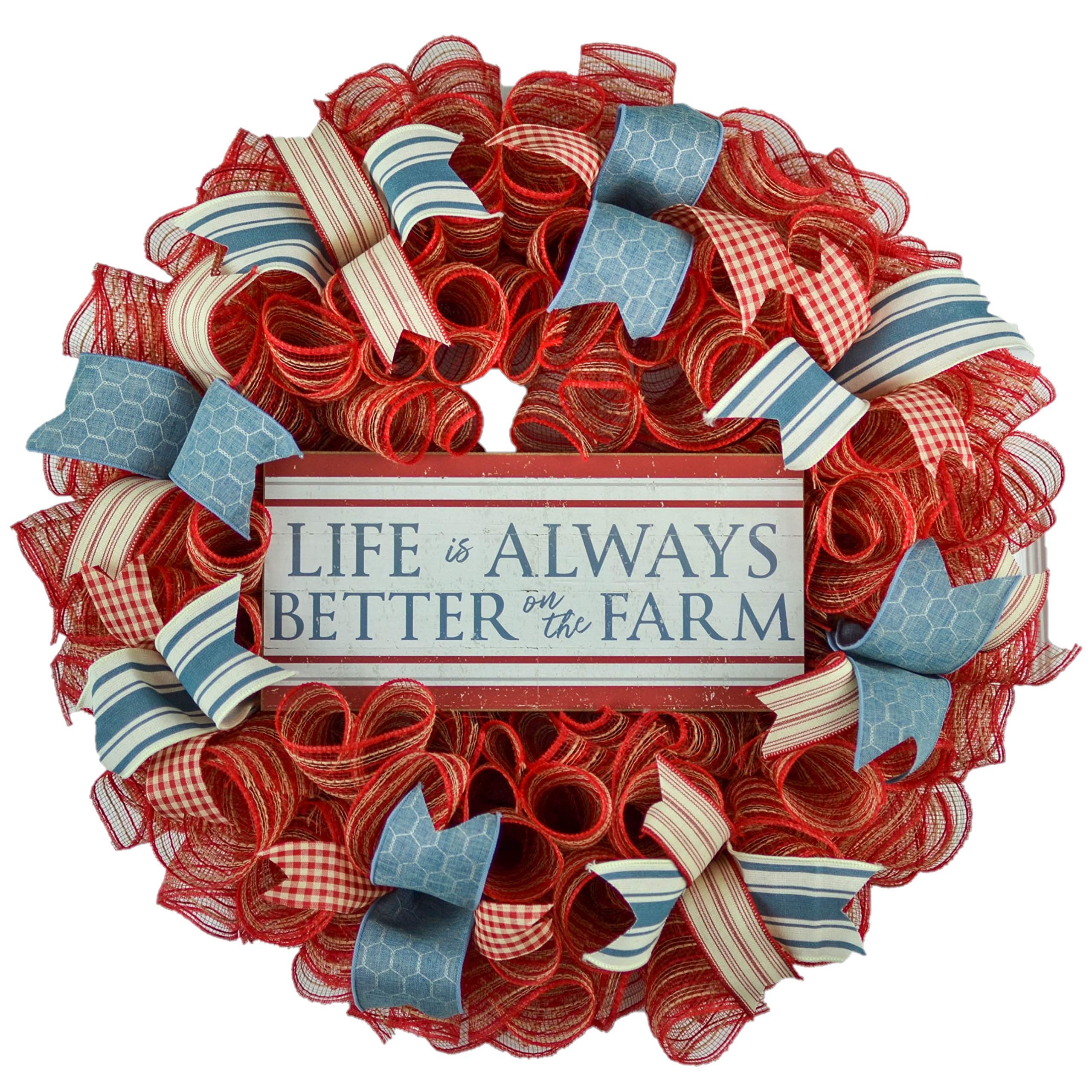 Red Farmhouse Wreath - Rustic Burlap Everyday Decor in Denim Blue & Ivory White - Perfect for Mother's Day Gifts, Front Door Decor & Farmhouse Style Home
