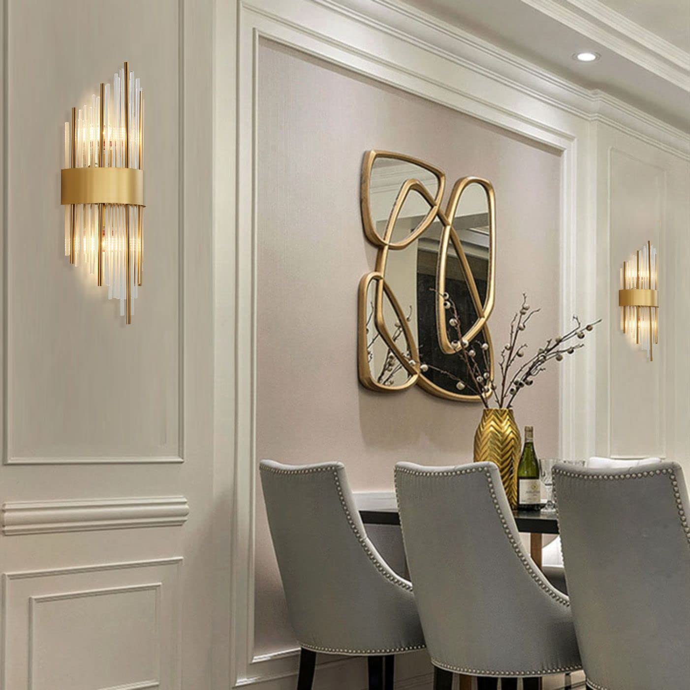 Luxury Gold Crystal Wall Lamp - 2 Pack Brushed Brass Wall Sconce with Crystal Rods, Elegant Vanity Mirror Lighting for Bedroom, Hallway, Stairway & Living Room Decor | Perfect for Ambient Lighting and Home Decoration