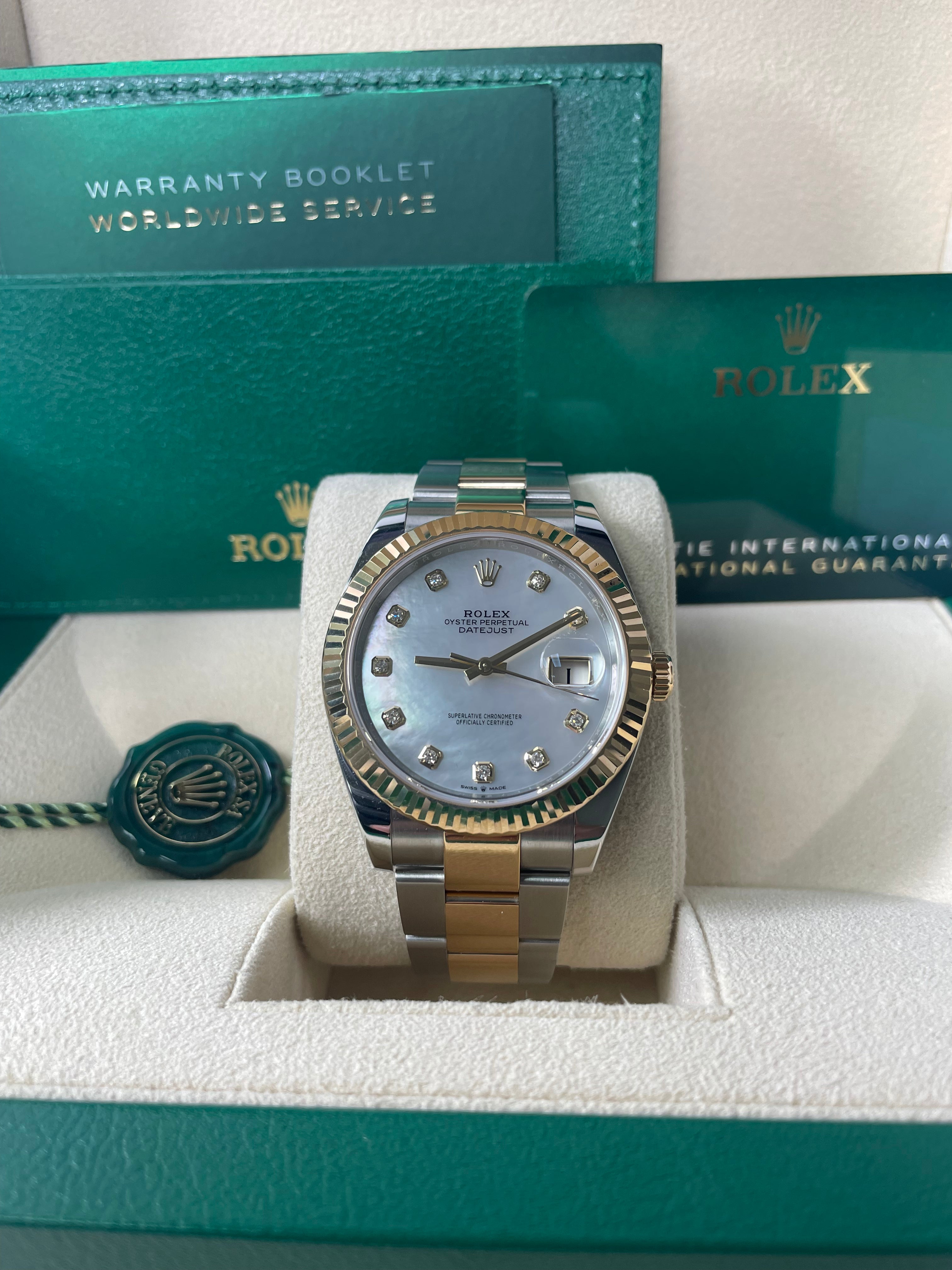 Rolex Datejust 41 Watch - Yellow Gold & Steel, Fluted Bezel, White Mother of Pearl Diamond Dial, Oyster Bracelet (Ref #126333) | Luxury Dress Watch for Men, Perfect for Business & Formal Occasions