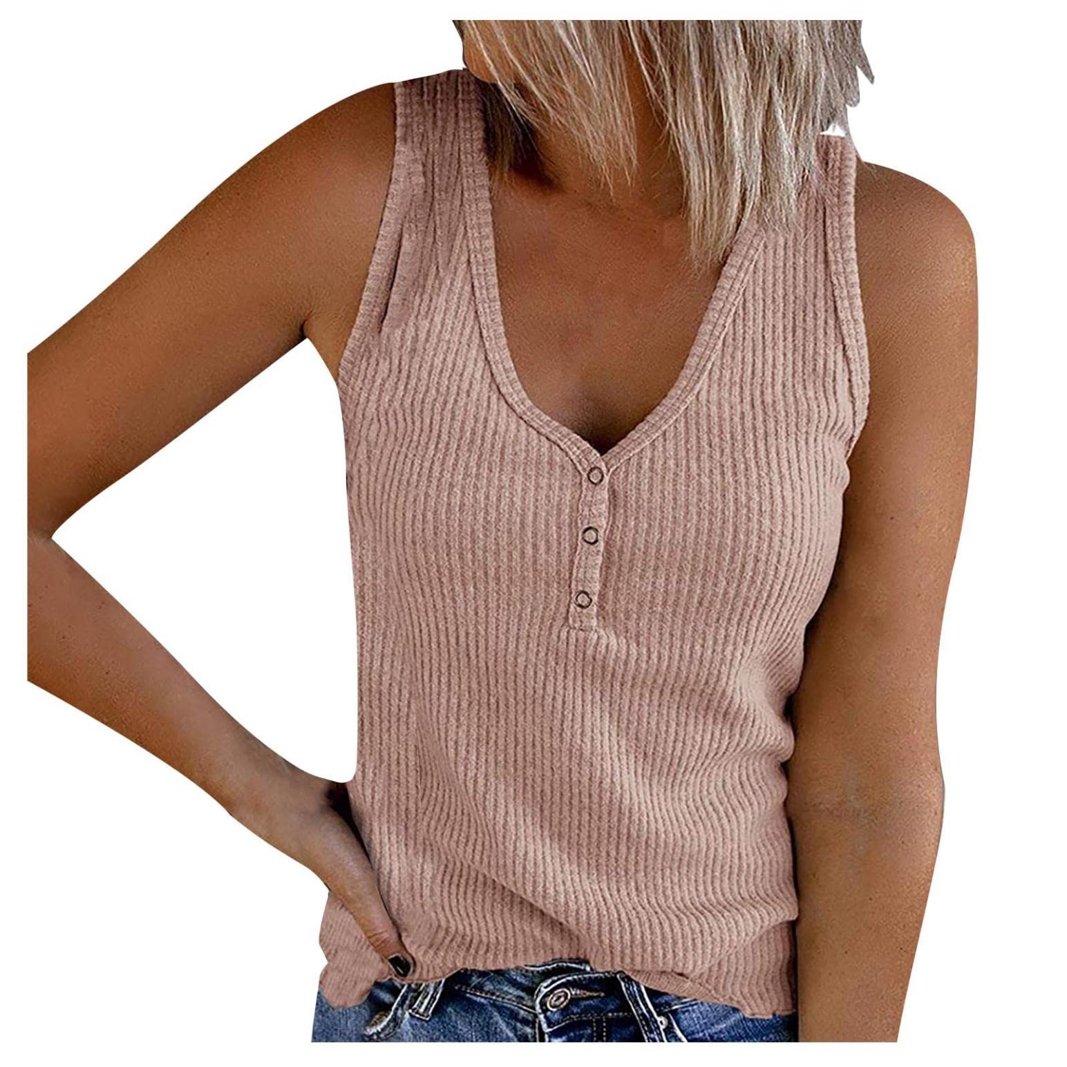 GUOBIOZIY Women's V Neck Tank Tops - Casual Summer Loose Fit Ribbed Henley Shirts with Cute Buttons | Perfect for Beach Outings, Vacation Wear & Everyday Comfort