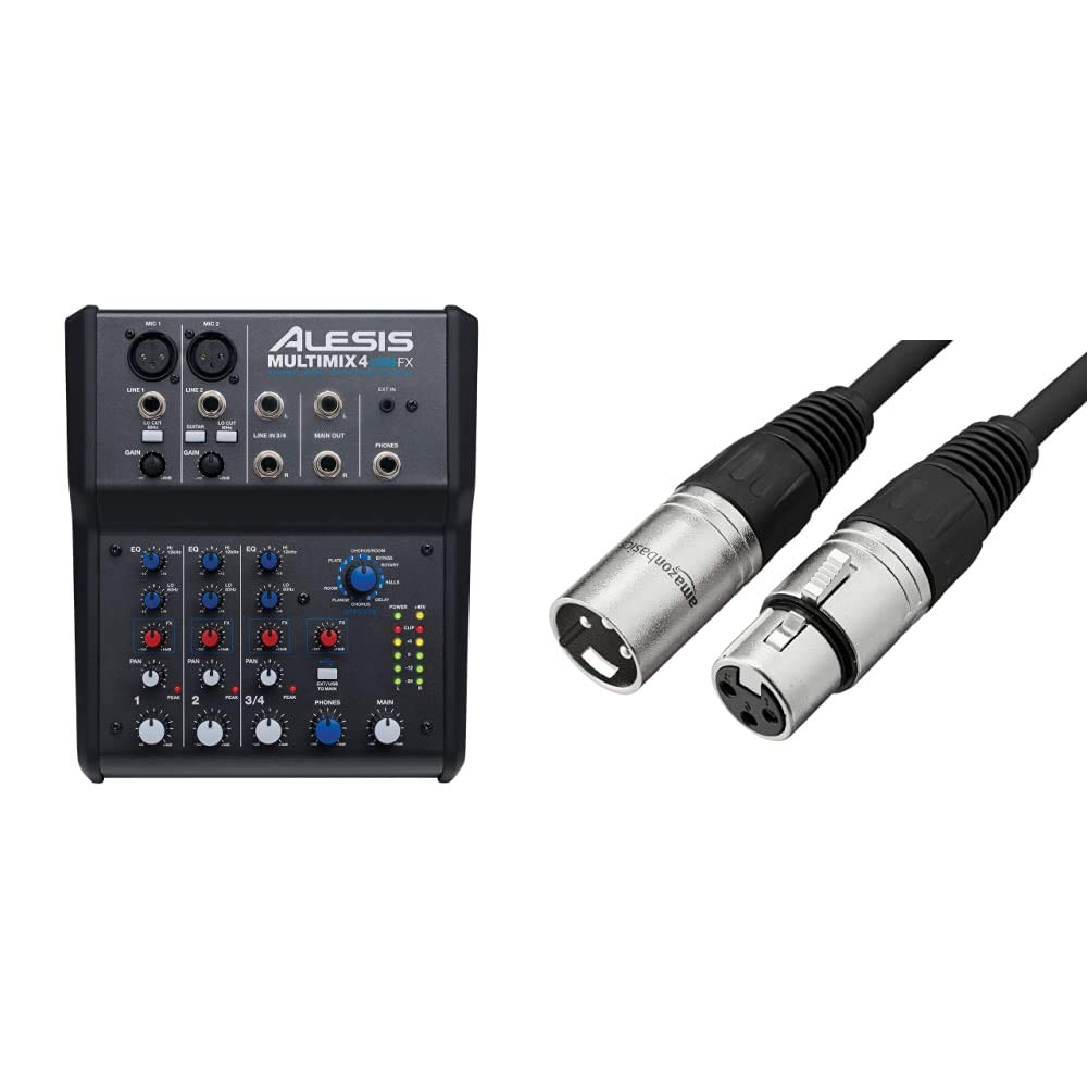 Alesis MultiMix 4 USB FX | 4-Channel Compact Audio Mixer with Built-In Effects & USB Interface for Home Studio Recording | Perfect for Podcasting, Music Production & Live Streaming | Amazon Basics 6ft XLR Male to Female Microphone Cable - Professional Grade Black Audio Cable for Microphones, PA Systems & Studio Equipment
