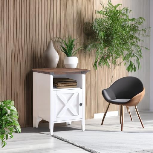Farmhouse End Table Set of 2 - Rustic Night Stand with Barn Door & Storage Shelf - White Side Table for Bedroom, Living Room - Perfect for Farmhouse Decor & Small Space Storage