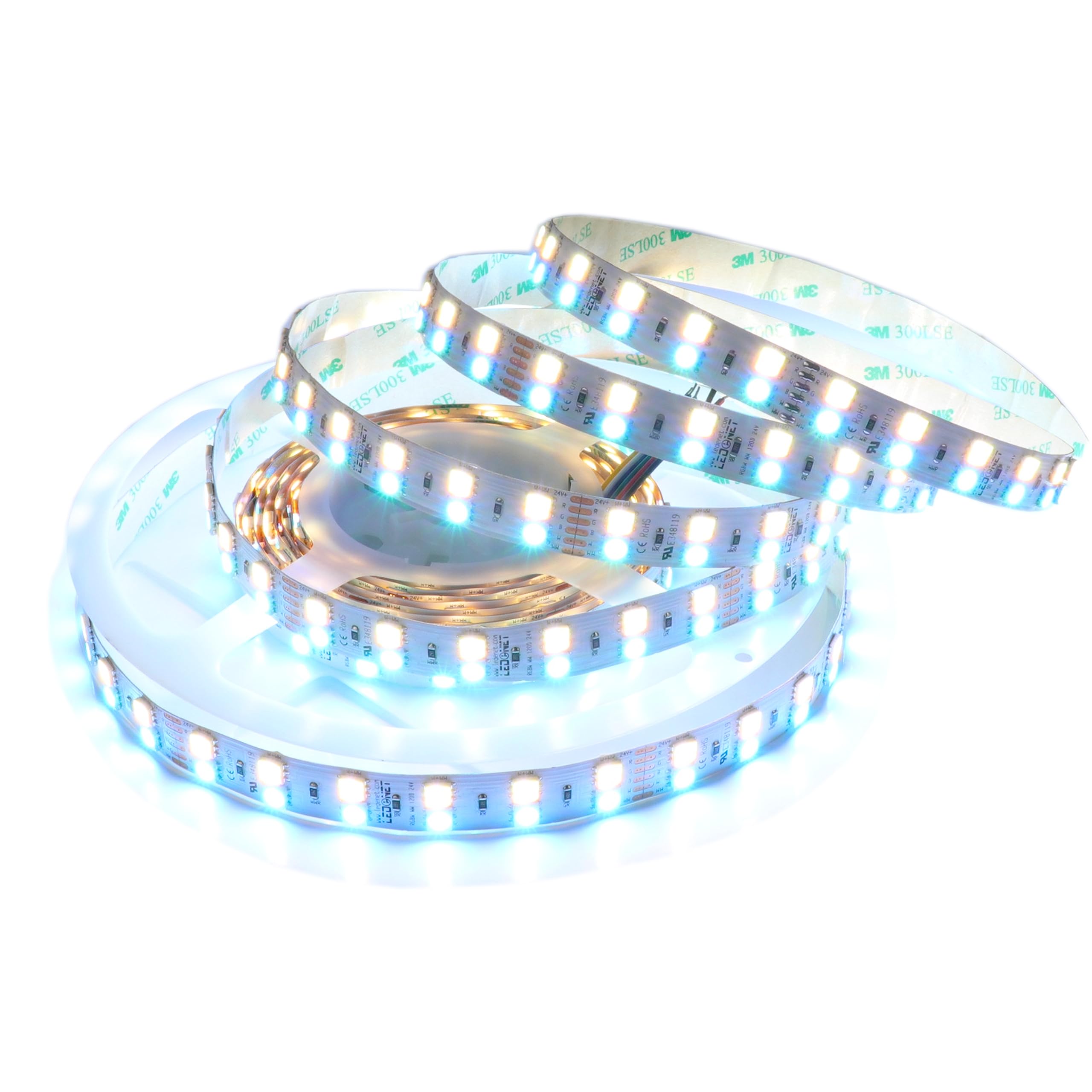 24V SMD 5050 Double Row RGBCCT Flexible LED Strip Lights - 600 LEDs RGBW RGBWW Color Changing & Temperature Adjustable - 16.4ft Non-Waterproof Indoor Lighting for Bedroom, Living Room, and Home Decoration