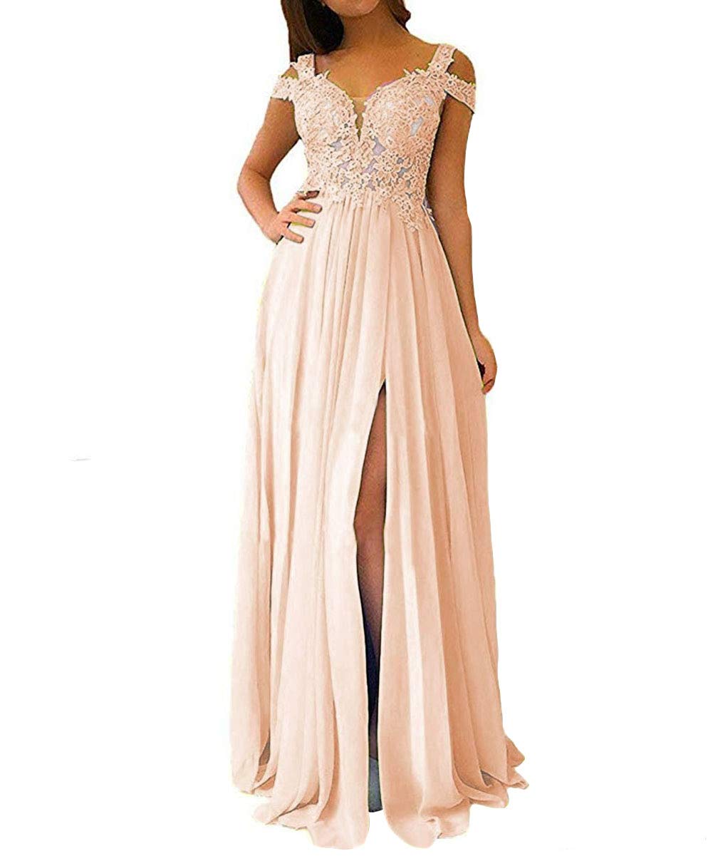 Elegant Ai Maria Women's Lace Off-Shoulder Bridesmaid Dress - Long Chiffon Prom Gown with Thigh High Slit for Weddings, Parties & Special Occasions