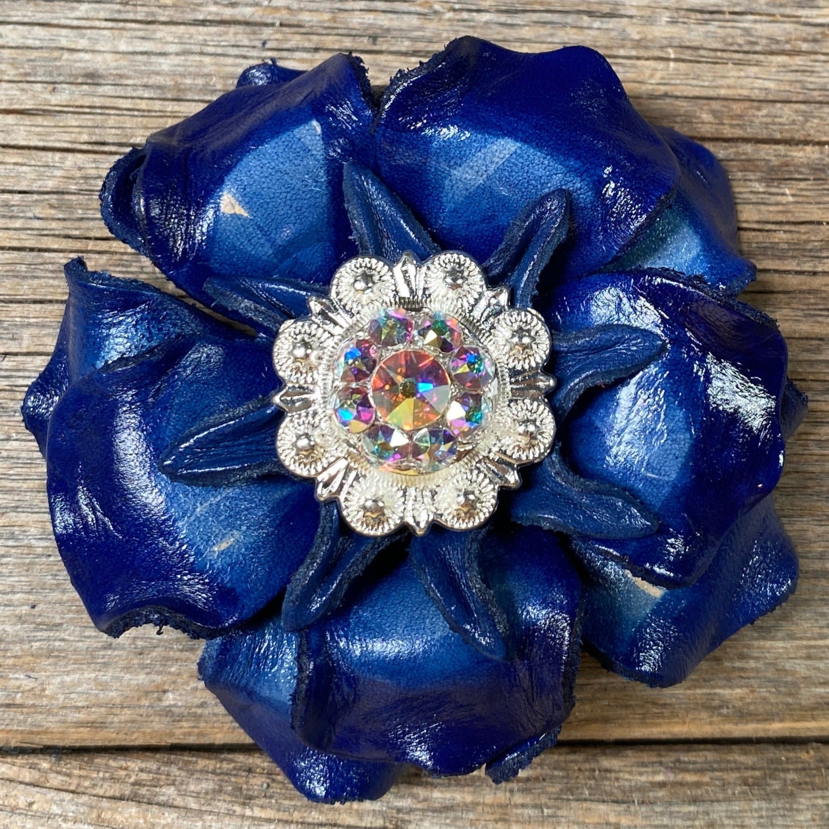 Blue Gardenia Leather Flowers with Crystal Conchos - Western Style Floral Decor for Home, Wedding, and Cowboy Hat Accessories