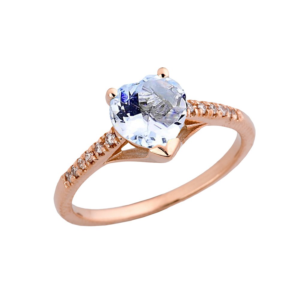 10K Rose Gold Diamond Solitaire Aquamarine Heart Engagement Ring - Elegant Proposal Ring for Women, Perfect for Valentine's Day, Anniversary & Wedding Proposal Gift