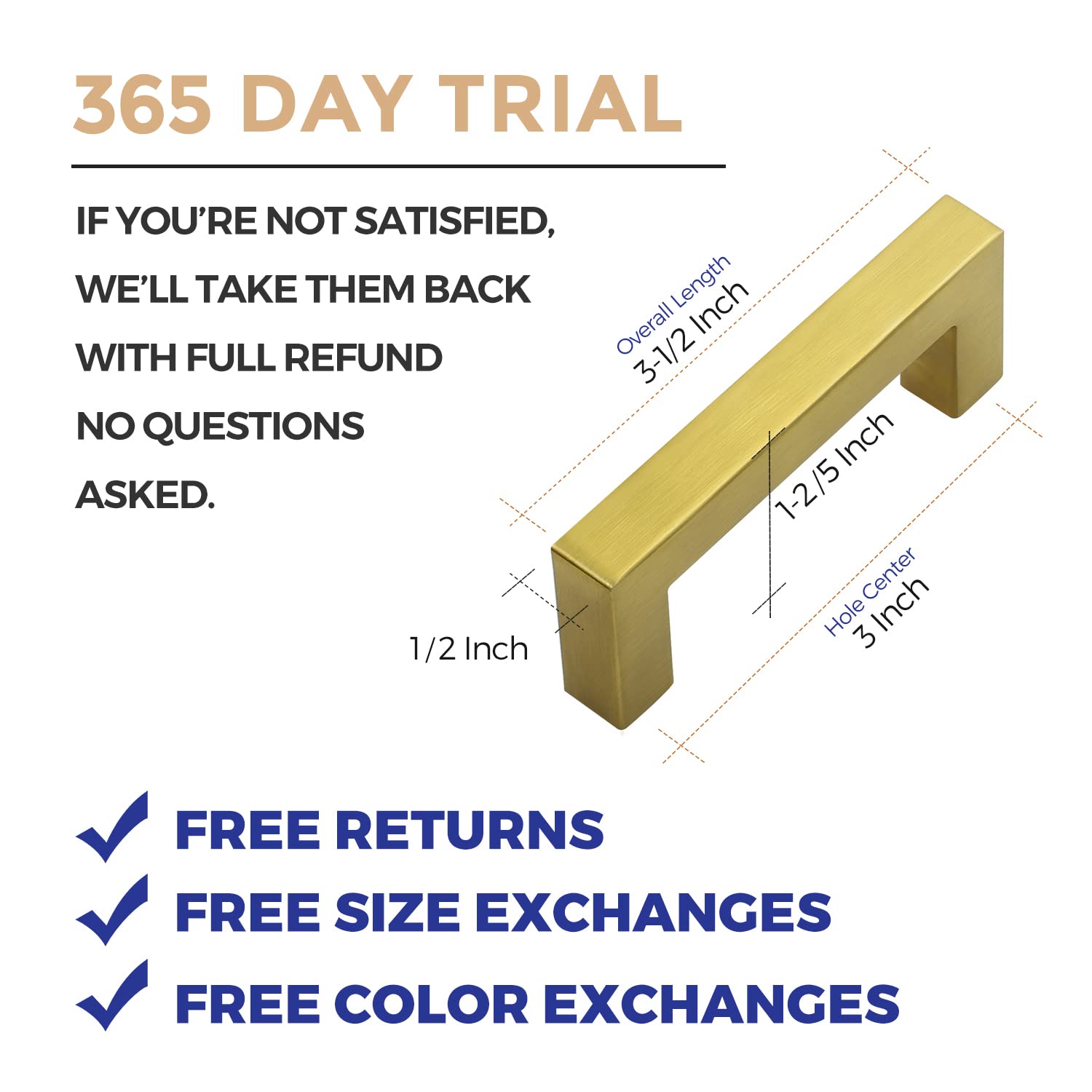50 Pack Gold Cabinet Pulls 3 Inch Brushed Brass - Square Kitchen Cabinet Handles & Drawer Knobs - Durable Hardware for Cabinets, Dressers, Bathroom Vanities & Furniture Upgrades (Modern Home Decor)