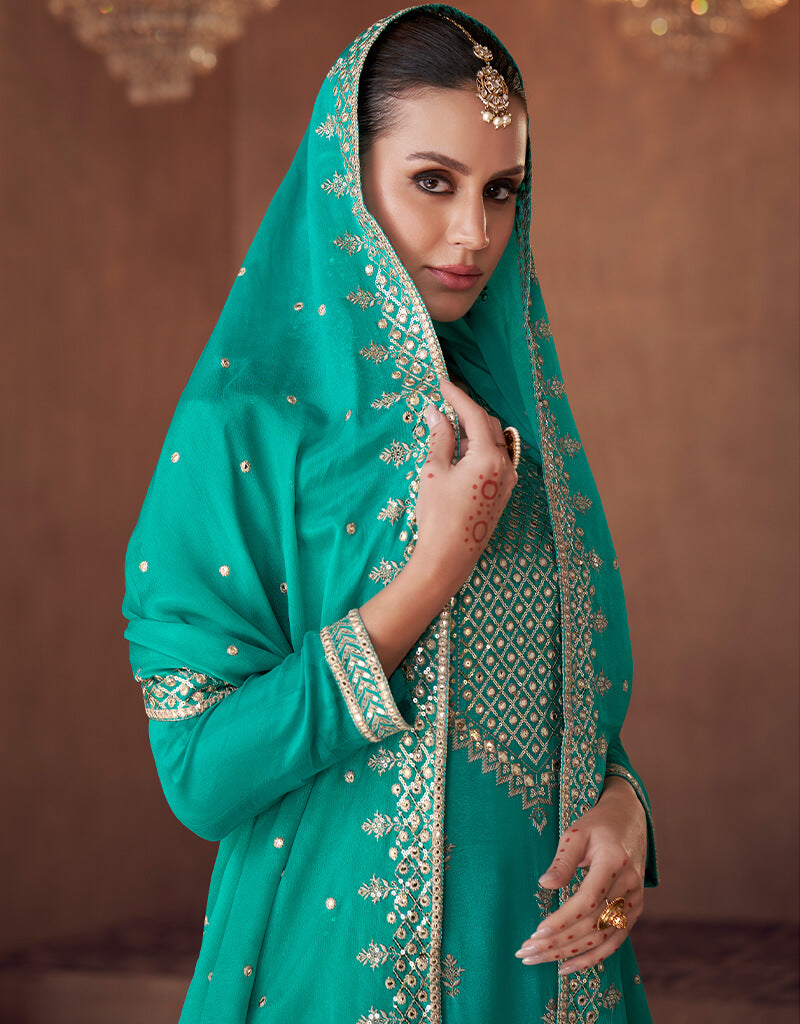 Elegant Aqua Blue Palazzo Style Salwar Suit - Designer Indian Ethnic Wear for Women | Perfect for Weddings, Festivals & Special Occasions