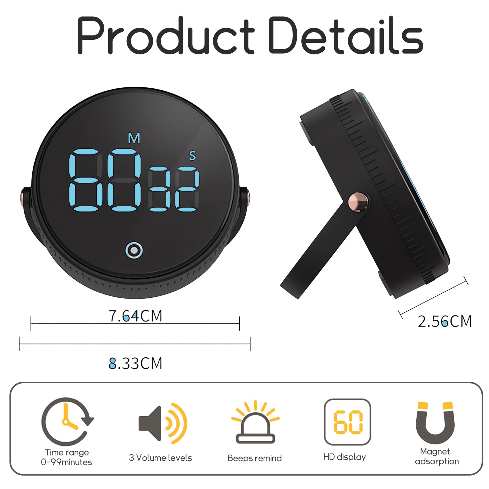 Magnetic Digital Kitchen Timer with LCD Display - Countdown Timer for Cooking, Baking, Gym & Classroom - Strong Magnet & Stand for Hands-Free Use