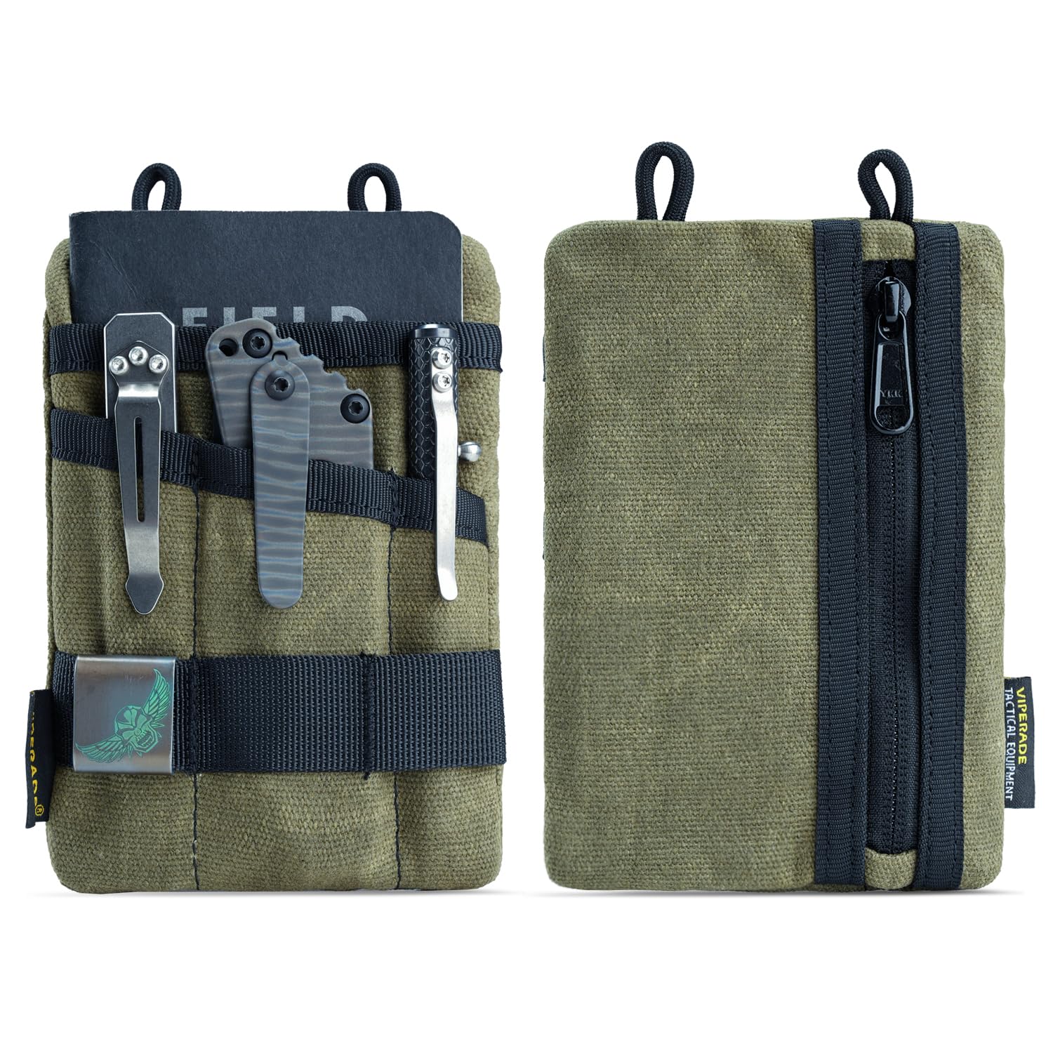 Viperade VE1-OW Waxed Canvas EDC Pocket Organizer - 5 Pocket Tool Pouch for Flashlight, Multitools, Pen & Notebook (Green) | Compact Carry Solution for Everyday Essentials & Outdoor Adventures