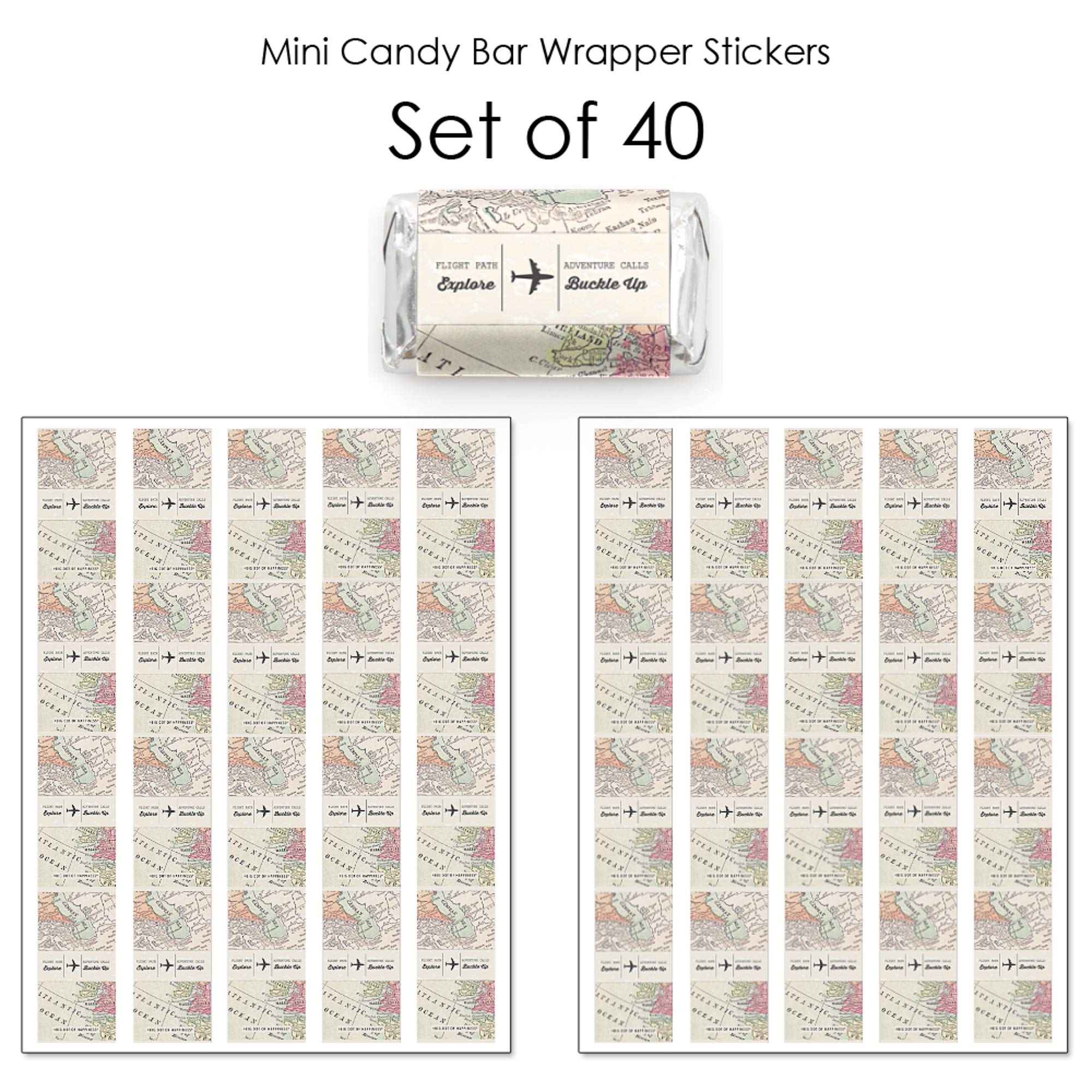 Mini Candy Bar Wrapper Stickers - 40 Count Travel Themed Party Favors for Baby Showers, Birthday Celebrations & Destination Weddings