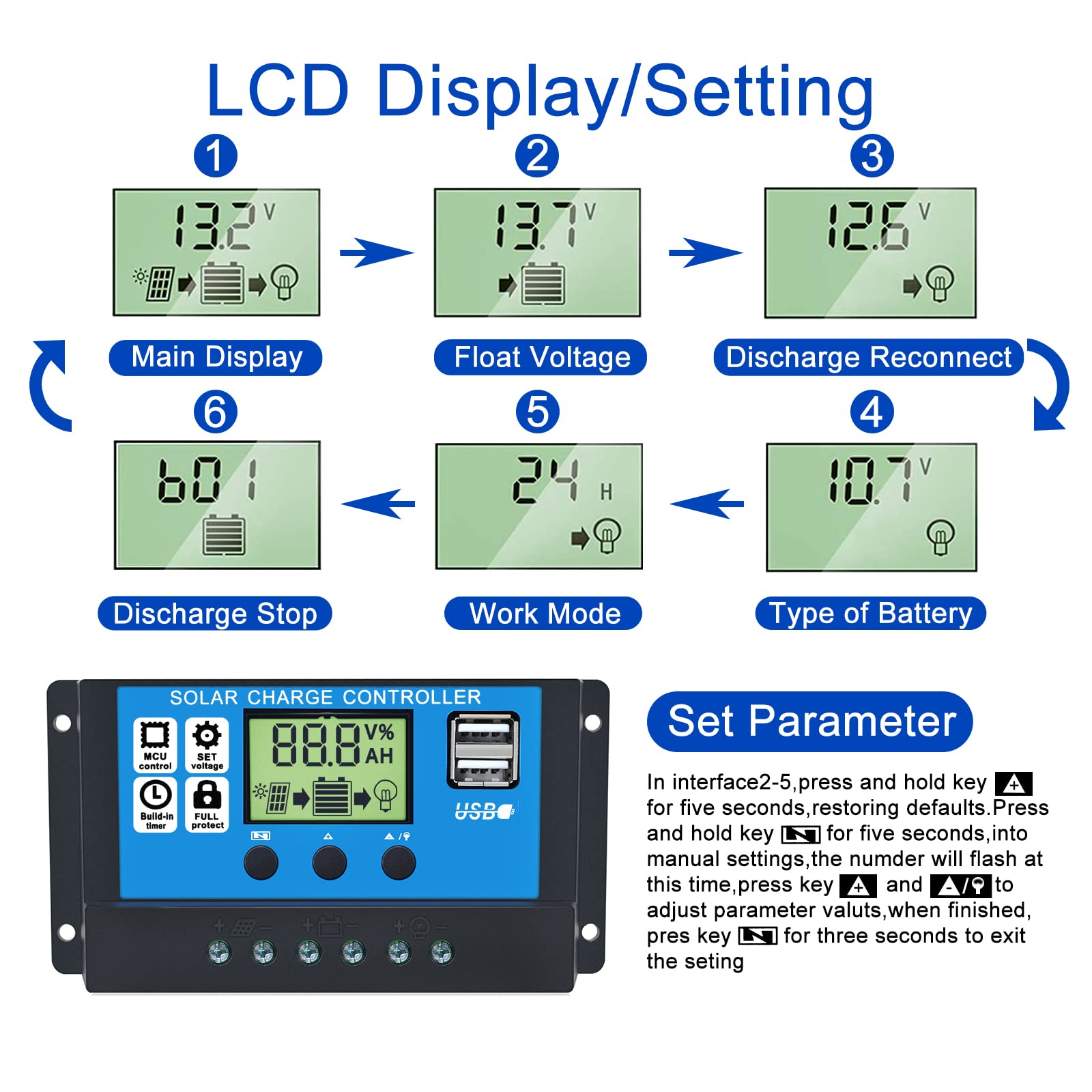 10A PWM Solar Charge Controller with LCD Display & Dual USB Ports - 12V/24V Auto for Solar Panels, Batteries - Perfect for Small Solar Systems, RVs, Boats & Off-Grid Power