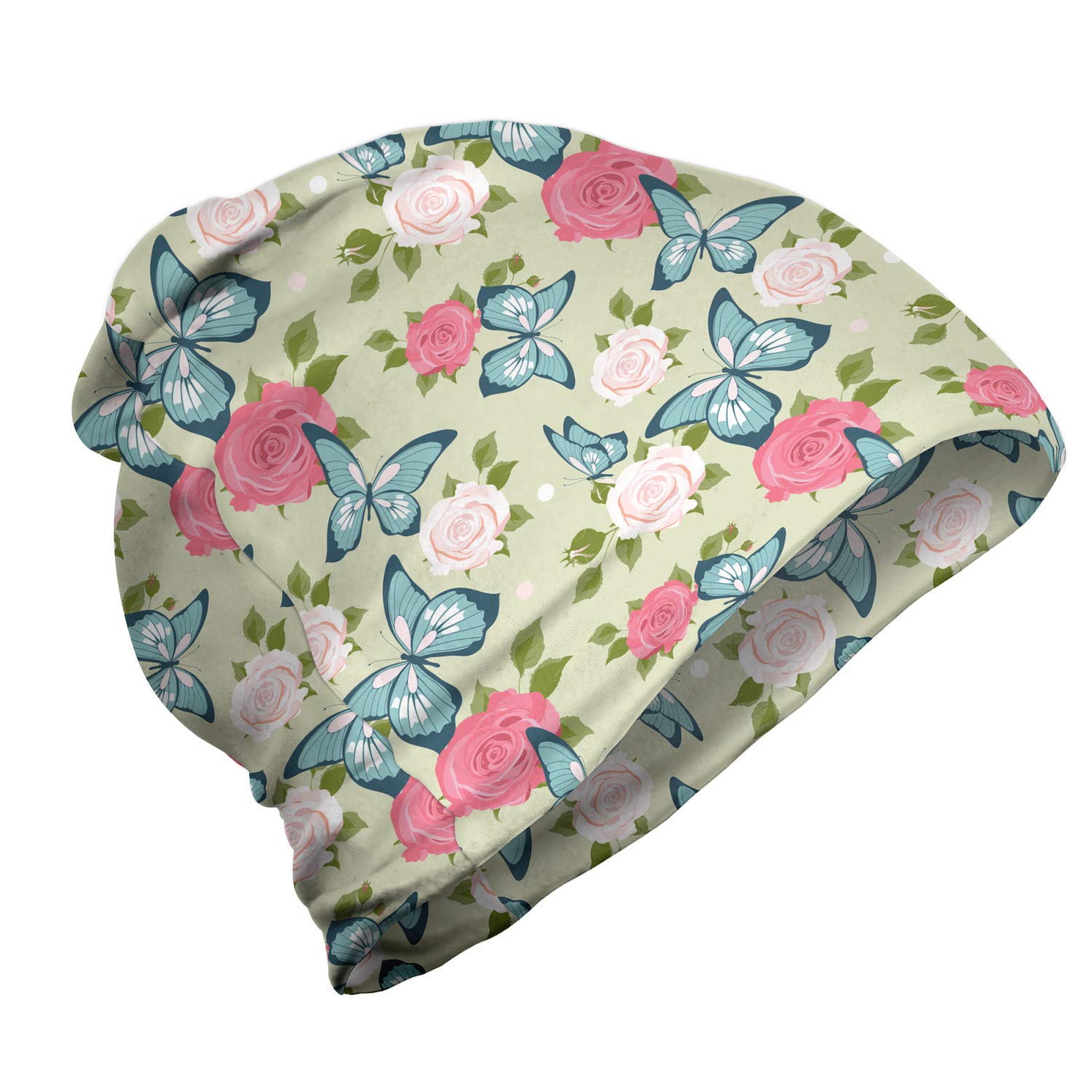 Ambesonne Unisex Beanie Hat - Romantic Roses & Butterflies Design - Warm Knitted Winter Beanie for Men & Women - Perfect for Hiking, Camping & Outdoor Activities