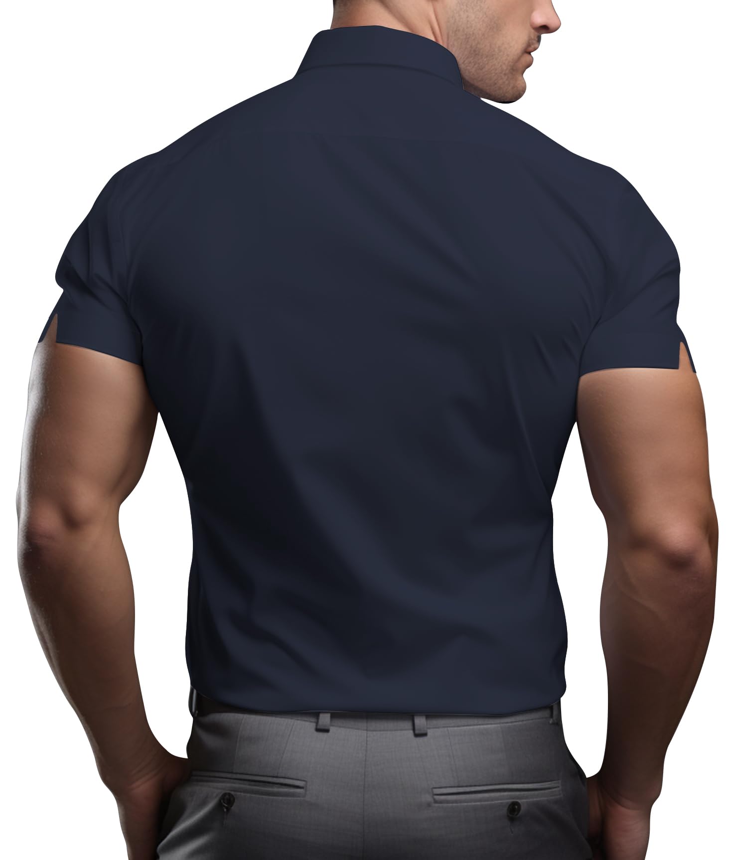 Men's Athletic Slim Fit Stretch Dress Shirt - Short Sleeve Solid Business Casual Button Down Shirt for Gym to Office Wear