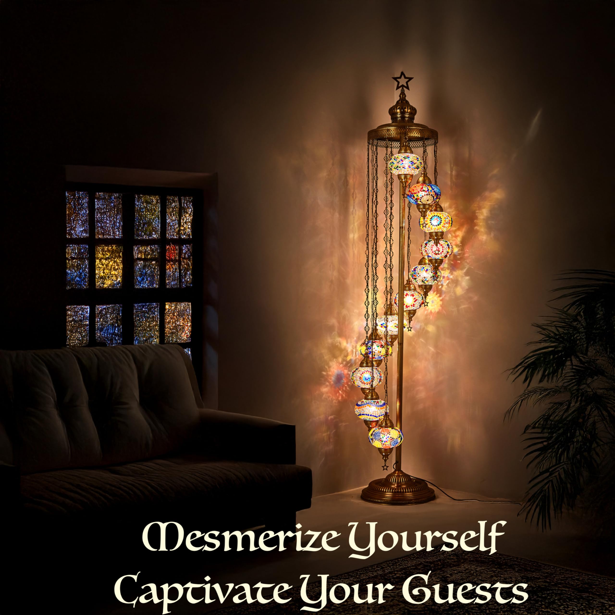DEMMEX 11 Globe Turkish Floor Lamp - 7ft Tall Moroccan Mosaic Standing Lamp, Handmade Tiffany-Style Decorative Lighting for Bedroom & Living Room - Red-Brown Finish | Perfect for Boho Home Decor, Cozy Reading Nook & Ambient Living Space Lighting