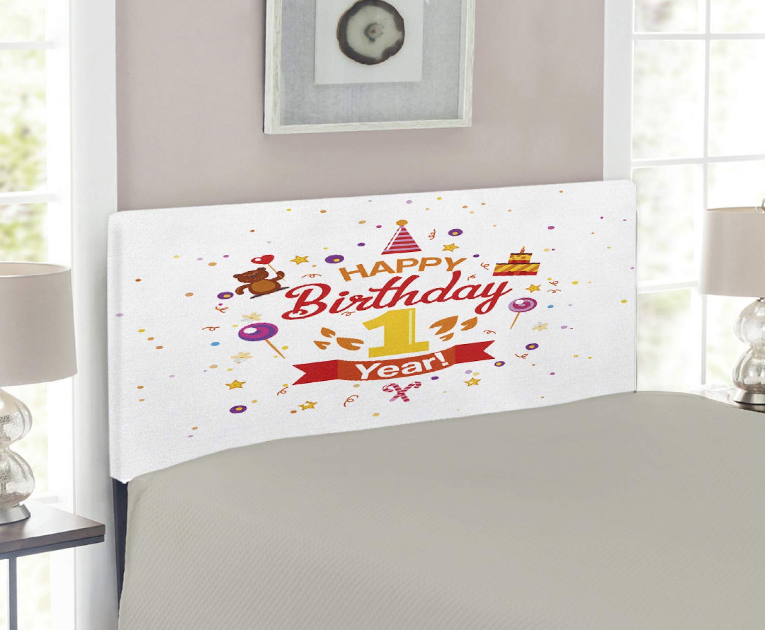 Ambesonne 1st Birthday Headboard - Twin Size Upholstered Decorative Metal Bed Frame with Memory Foam, Teddy Bear & Cake Print in Red Marigold & Purple | Perfect for Kids' Birthday Party Decorations & Nursery Room Design