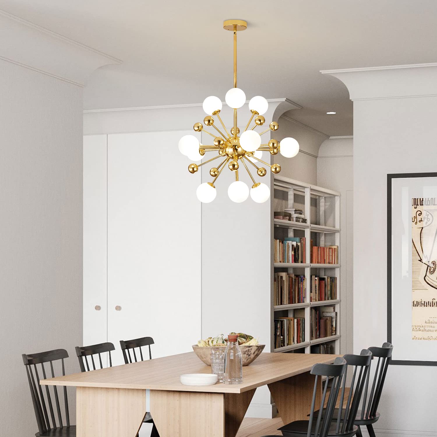 KCO Lighting Sputnik Chandelier - Gold Mid Century Modern Hanging Pendant Light with Frosted Glass - 11-Light Ceiling Fixture for Living Room, Dining Room, Entryway & Bedroom Lighting Decor