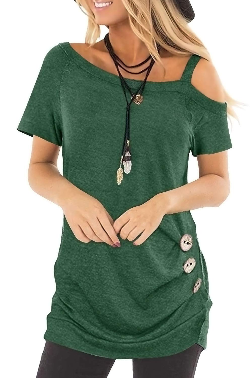 Ladybranch Women's Summer Tops - Casual Stretch Elastic T-Shirts & Cold Shoulder Tunics with Side Buttons | Perfect for Beach Outings, Date Nights & Summer Vacations