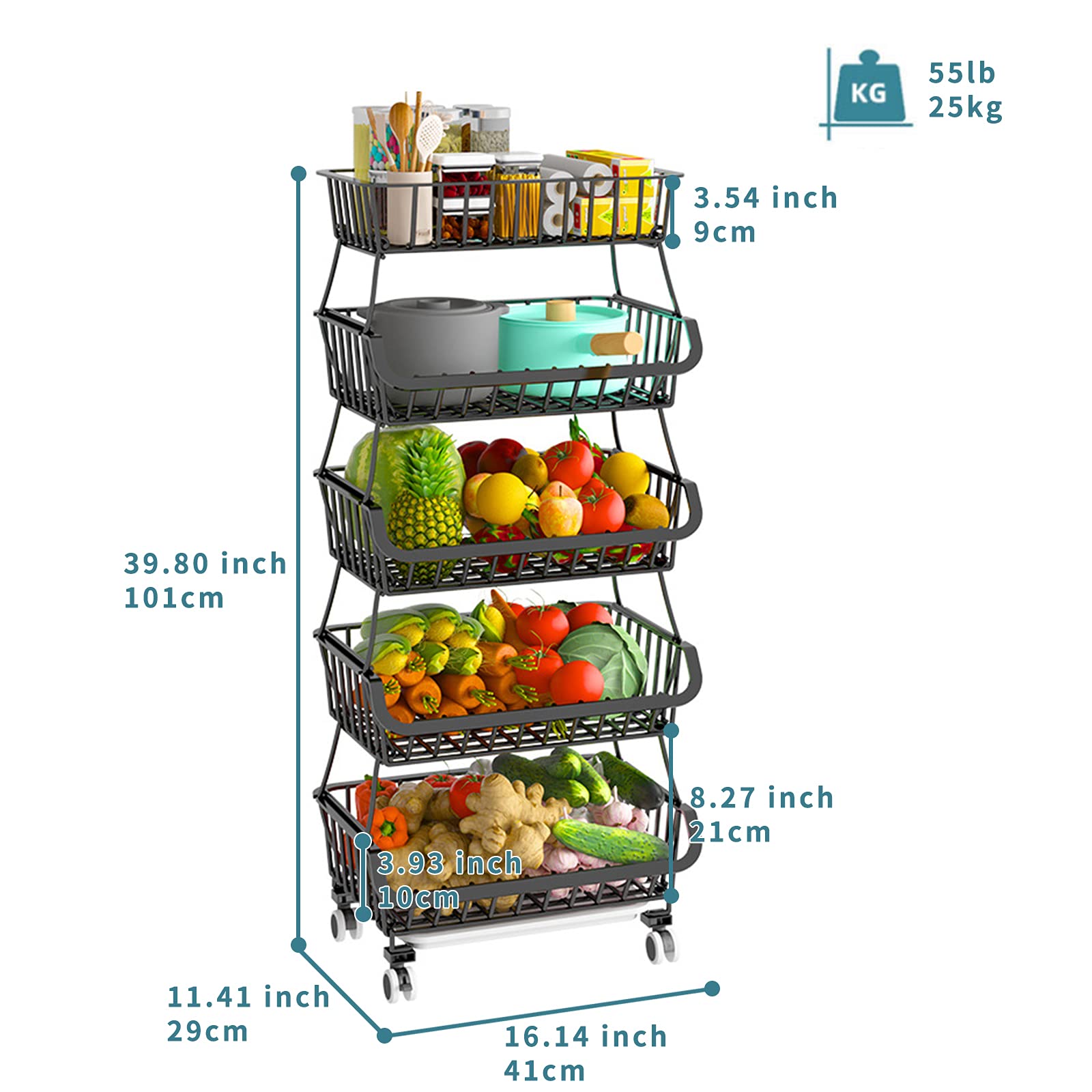 Metal Wire Baskets with Wheels - Stackable Storage Bins & Kitchen Organizer Shelf (3-6 Tier) for Fruits, Vegetables, Dishes | Garage, Pantry, Bathroom Storage Solution | Perfect for Seasonal Produce Organization & Home Decluttering