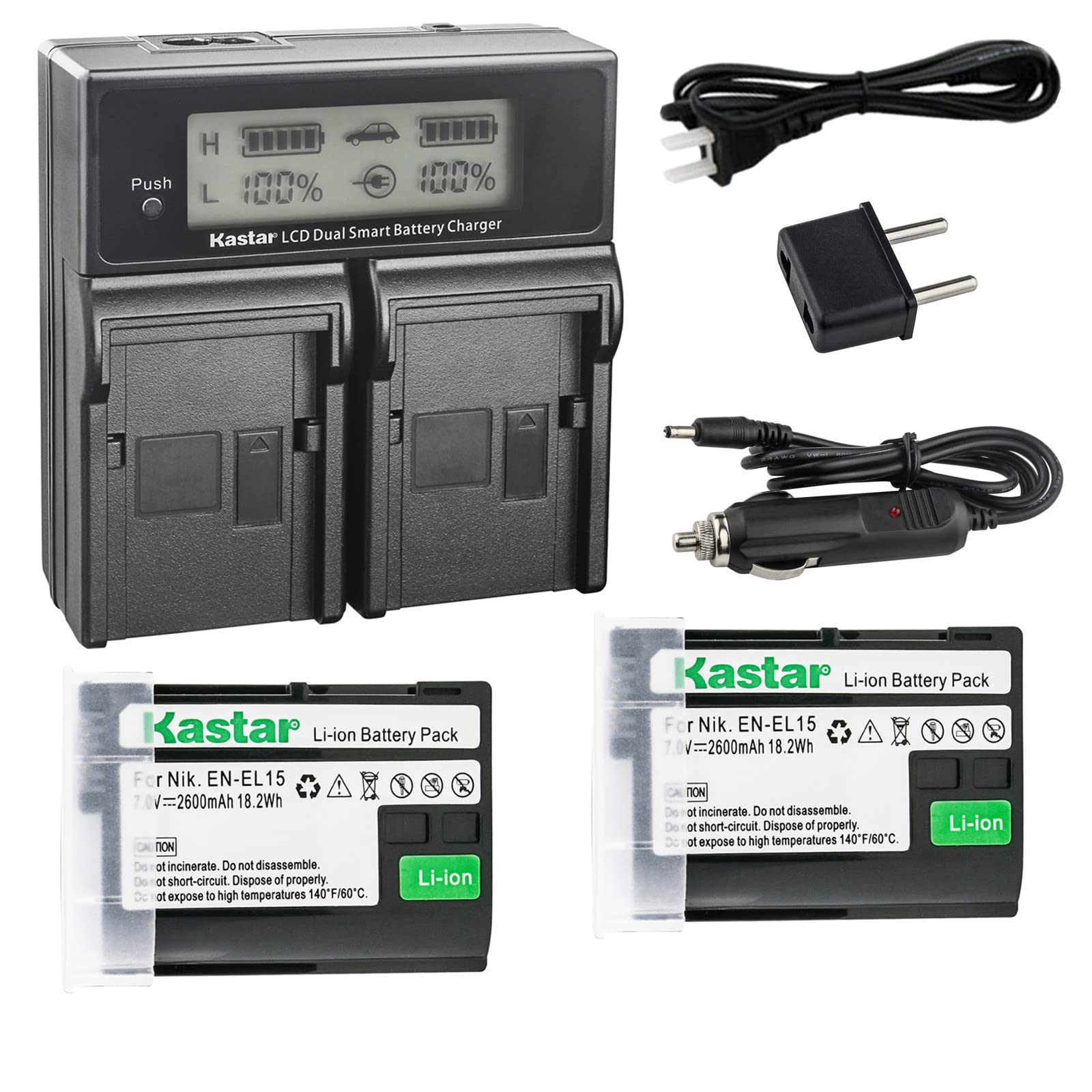 Kastar EN-EL15 2X Battery & USB Dual Charger for Nikon EN-EL15, MH-25 - Compatible with Nikon D500, D600, D610, D750, D800, D7000, D7100, D800E DSLR Cameras & Grips MB-D11, MB-D12, MB-D14, MB-D15, MB-D16 - Perfect for Travel Photography & Professional Shooting
