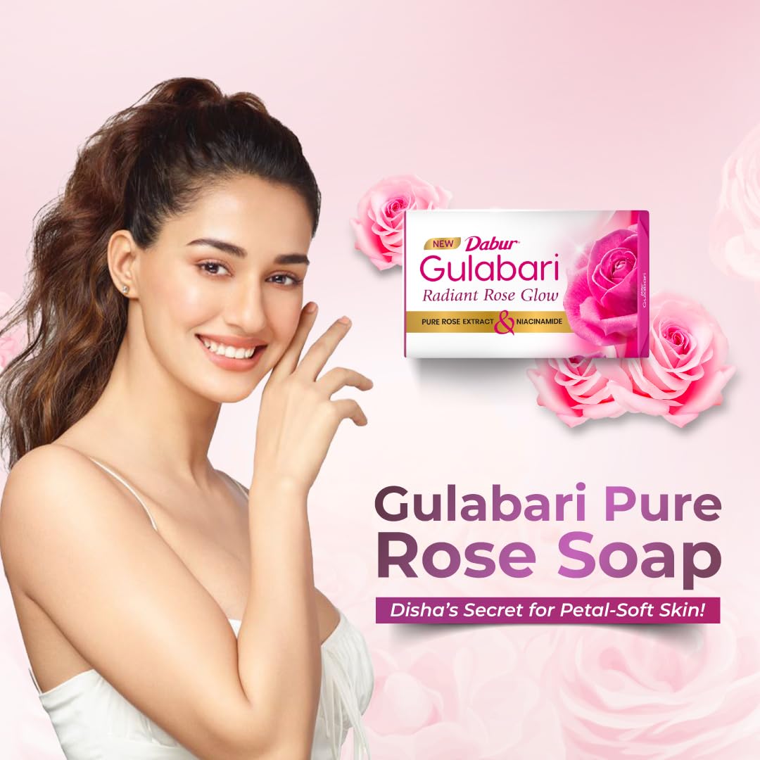Dabur Gulabari Pure Rose Soap 150g (Pack of 4) - Moisturizing Bath Bar with Rose Extract, Glycerin & Niacinamide for Glowing Skin - Long Lasting Floral Fragrance - Unisex Body Wash Soap for Daily Shower & Spa Relaxation