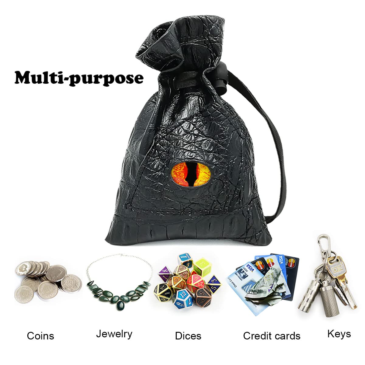 Haxtec Leather Dice Bag with Drawstring - DND Dice Pouch for Dungeons & Dragons, RPG Accessories & Coin Storage - Perfect for Tabletop Gaming & Gift Giving (Fire-Red Yellow Eye) - Patent D893867