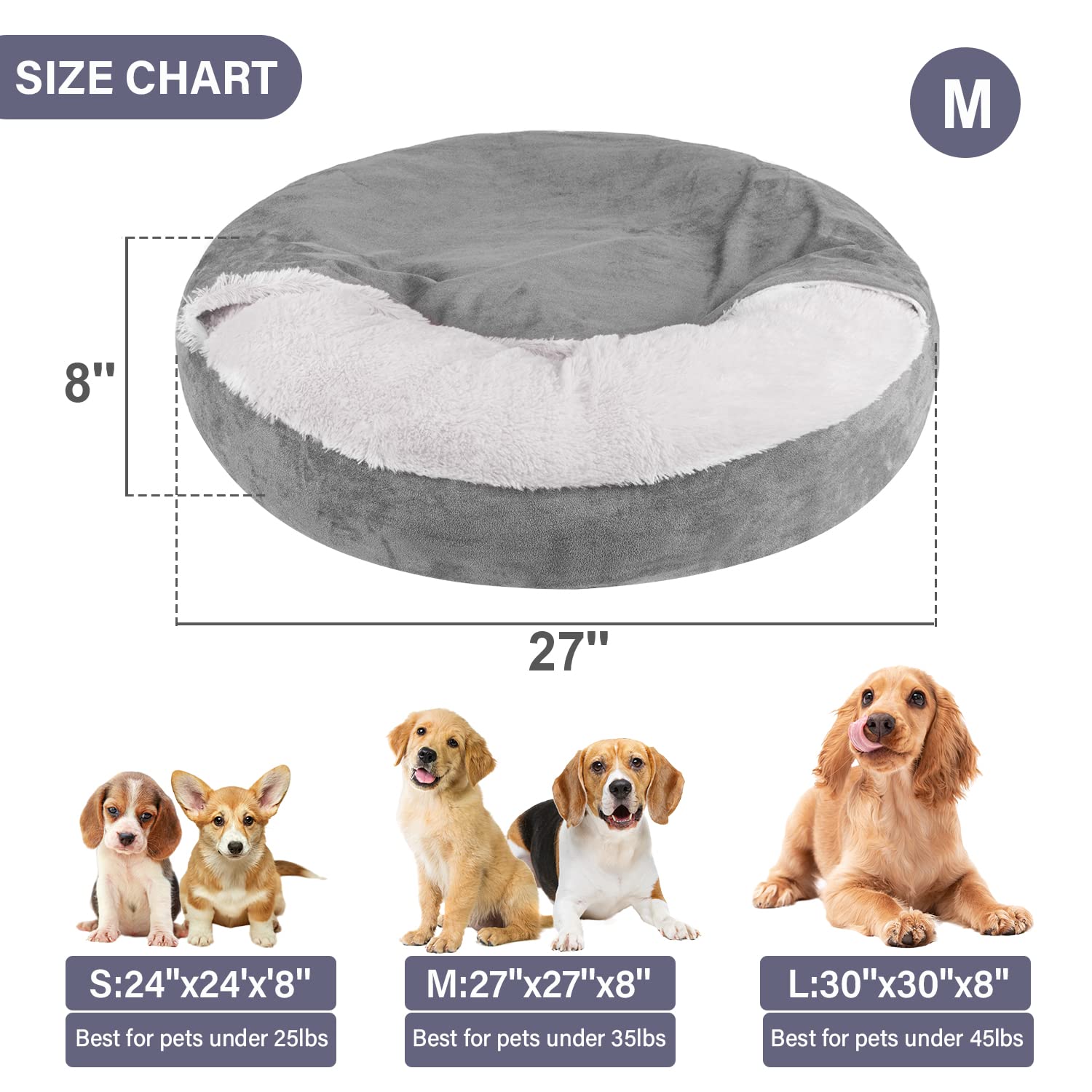 MICOOYO Medium Donut Dog Bed with Hooded Blanket - Washable Round Cuddler Pet Bed for Small to Medium Dogs & Cats (27 Inch, Grey) - Perfect for Indoor Lounging, Crate Comfort & Cozy Napping