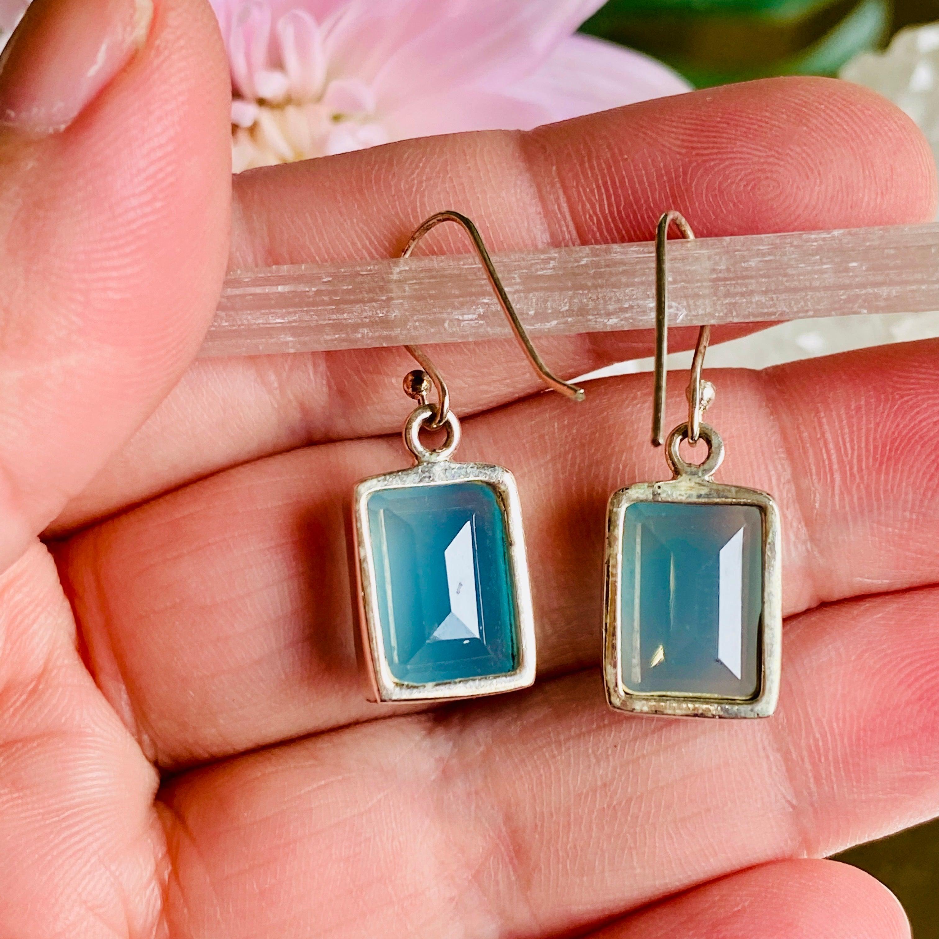 Blue Chalcedony Faceted Rectangular Earrings for Women – Elegant Gemstone Jewelry for Parties, Weddings & Special Occasions – KEGJ817