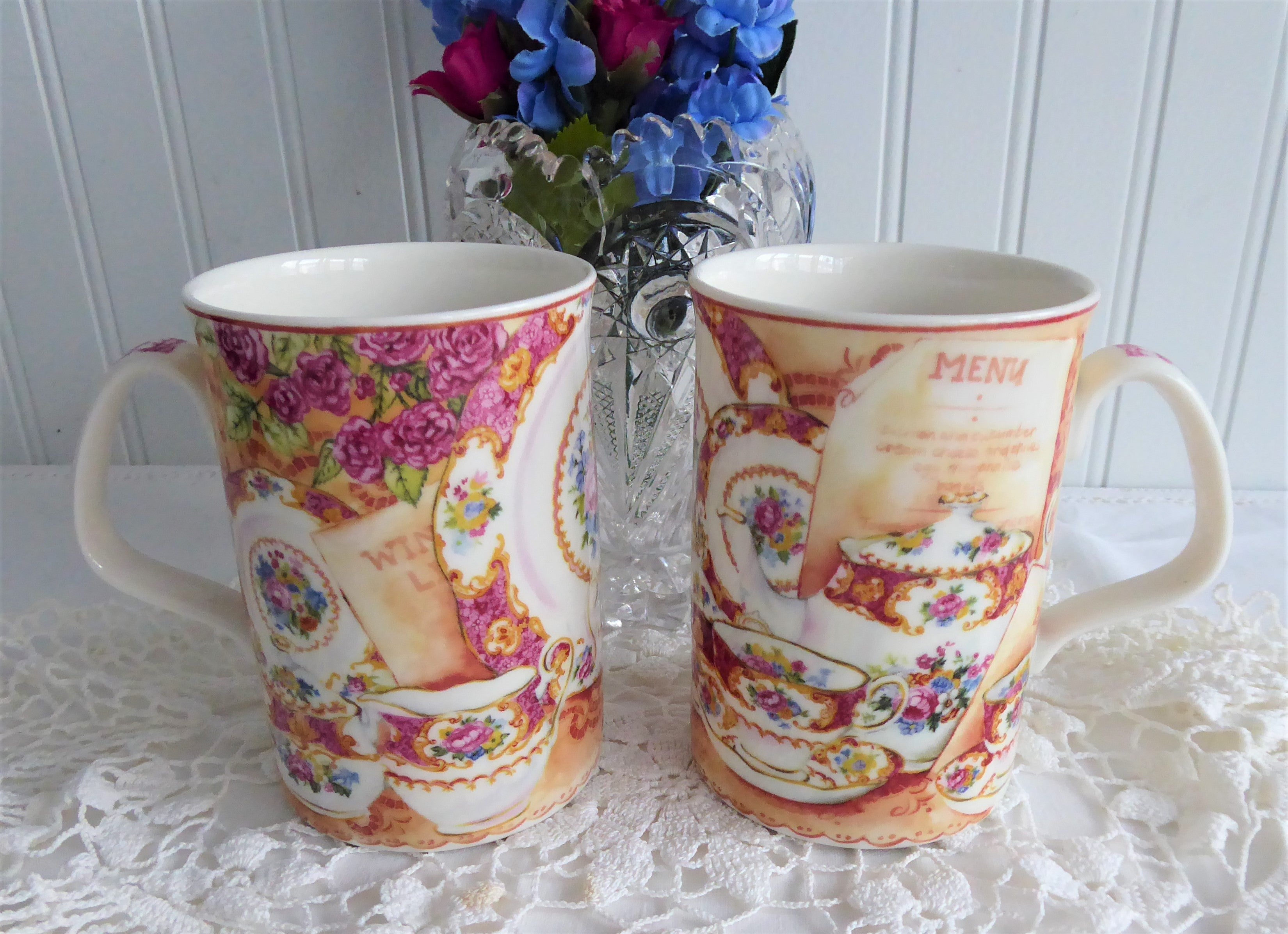 Royal Albert Lady Carlyle Collage Mug Pair - Elegant Afternoon Tea Set, Floral Bone China Tea Cups with Saucers - Perfect for English Tea Parties, Bridal Showers & Gift Giving