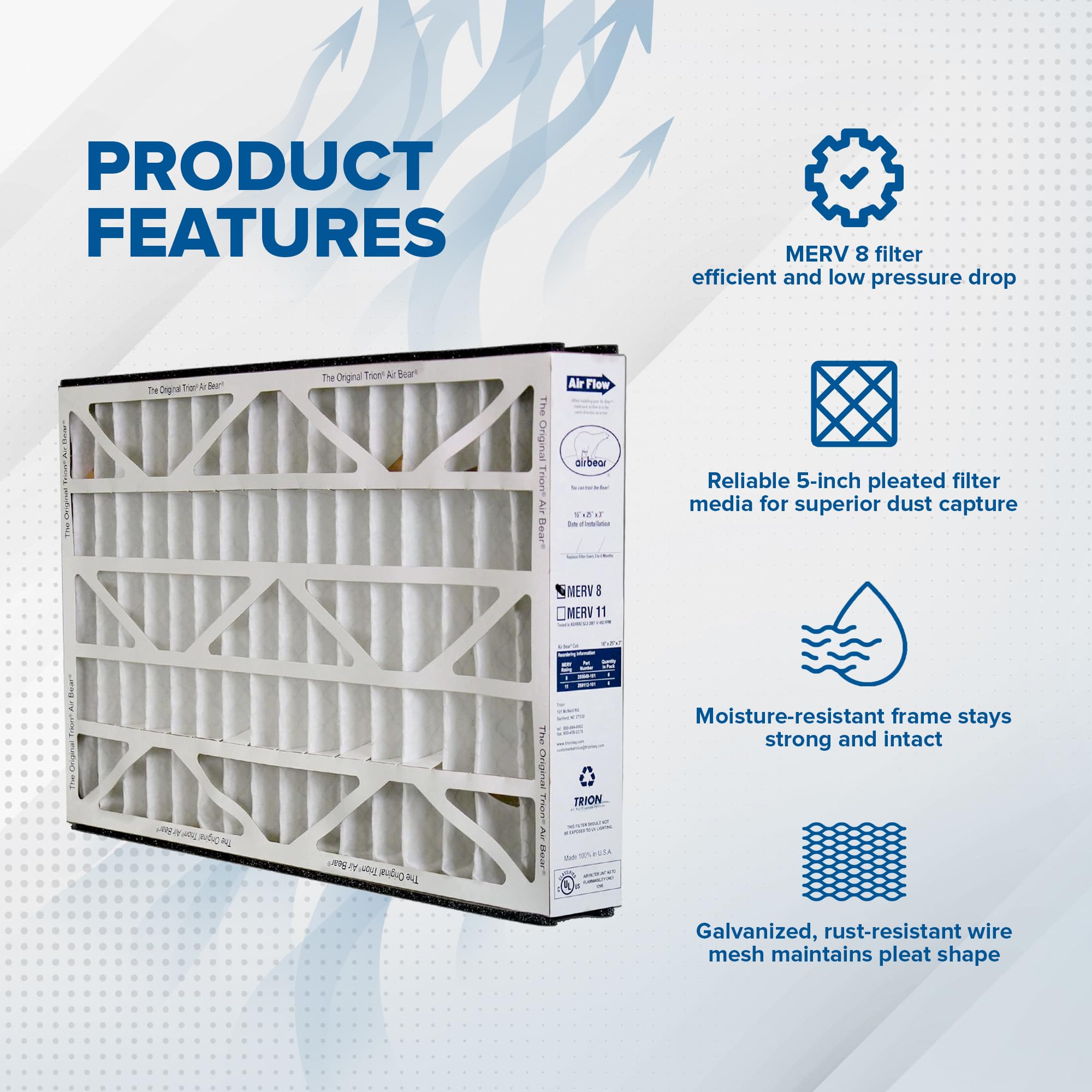 Trion 255649-101 Air Bear 16x25x3 Inch MERV 8 Replacement Air Filters (6 Pack) - Compatible with Air Bear Supreme, Right Angle & Cub Air Purifiers - Perfect for Home, Office & HVAC Systems