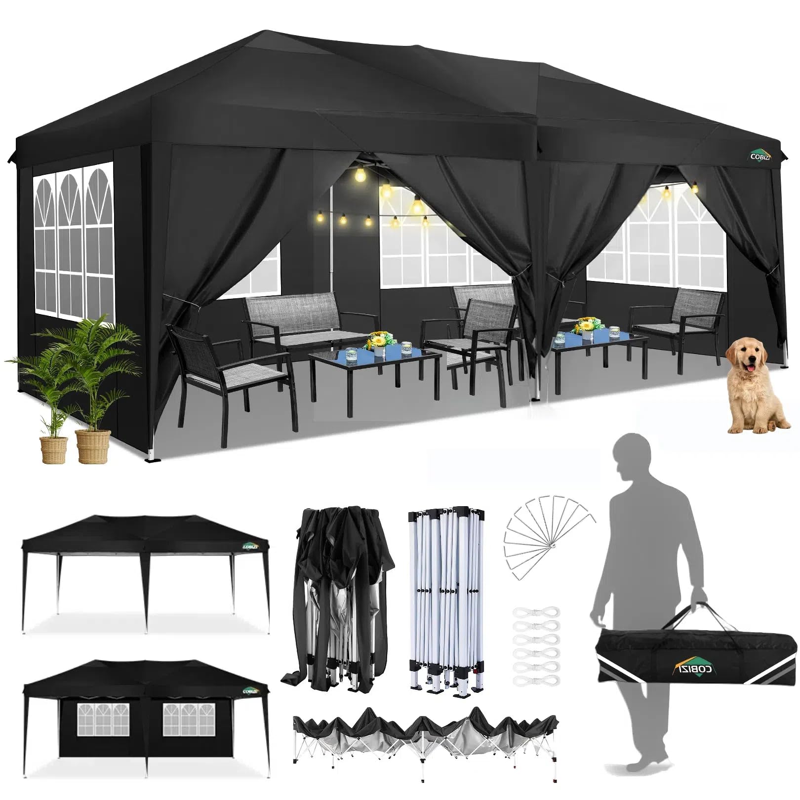 COBIZI 10x20 Pop Up Canopy Tent with 6 Sidewalls - Waterproof Instant Shelter, UPF 50+ Protection, Commercial Grade Gazebo for Outdoor Events, Weddings, Parties, Vending & Carport Use (Black)