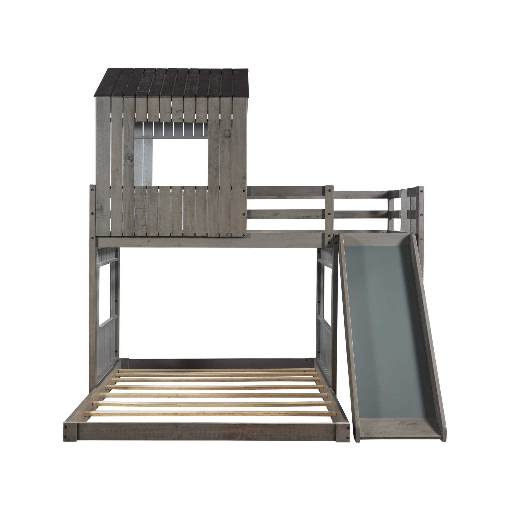 SOFTSEA Wooden Loft Bunk Bed Twin Over Full with Playhouse, Ladder, Slide & Safety Rails - Farmhouse Style Kids Bedroom Furniture (Antique Gray) - Perfect for Siblings Sharing Rooms, Daycare Centers & Vacation Homes