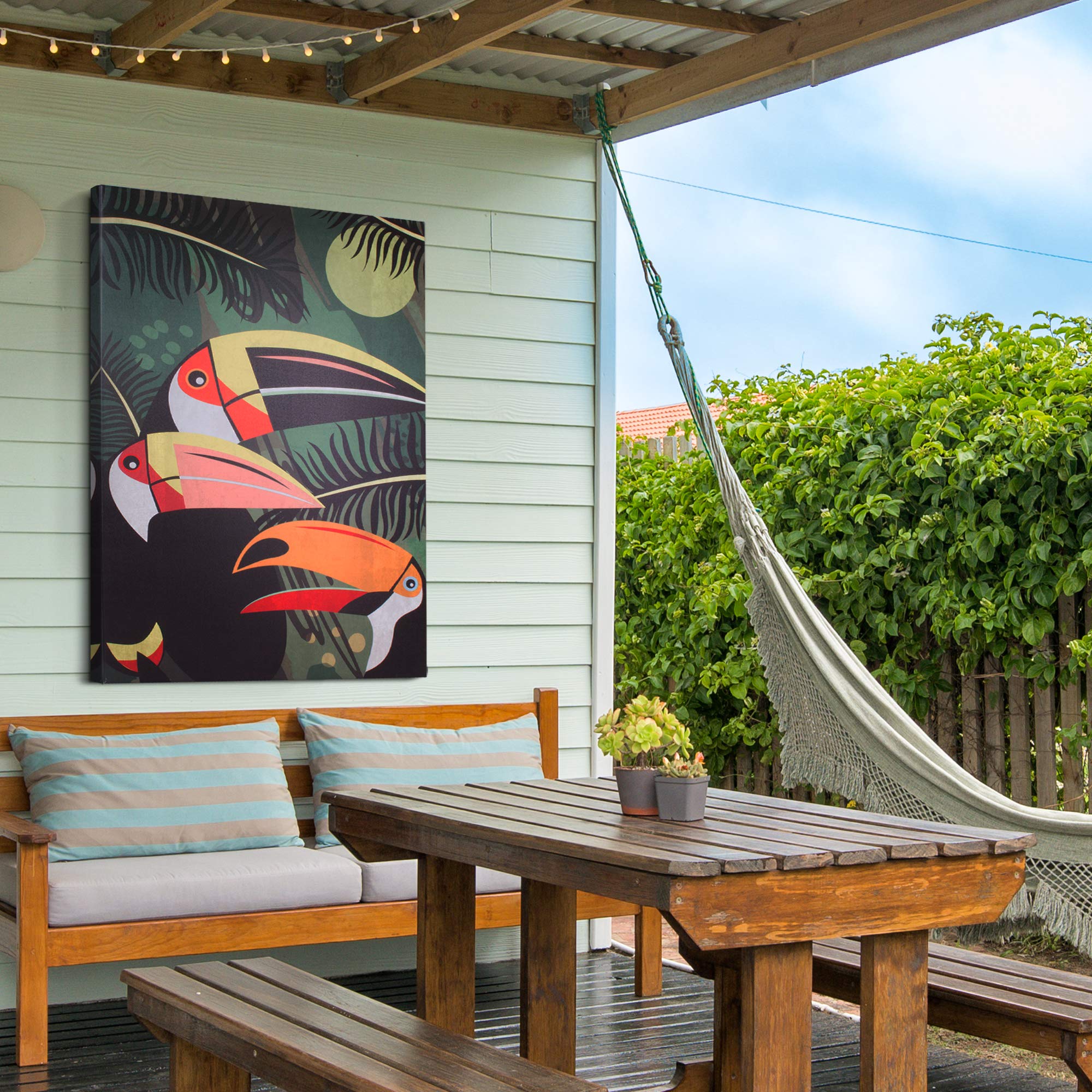 Outdoor Canvas Wall Art - Tiki Birds Toucans Print 40x40 Inches, Waterproof & UV Resistant for Backyard, Patio, Porch, Balcony Decor | Perfect for Tropical Theme Dining Areas & Outdoor Entertaining Spaces