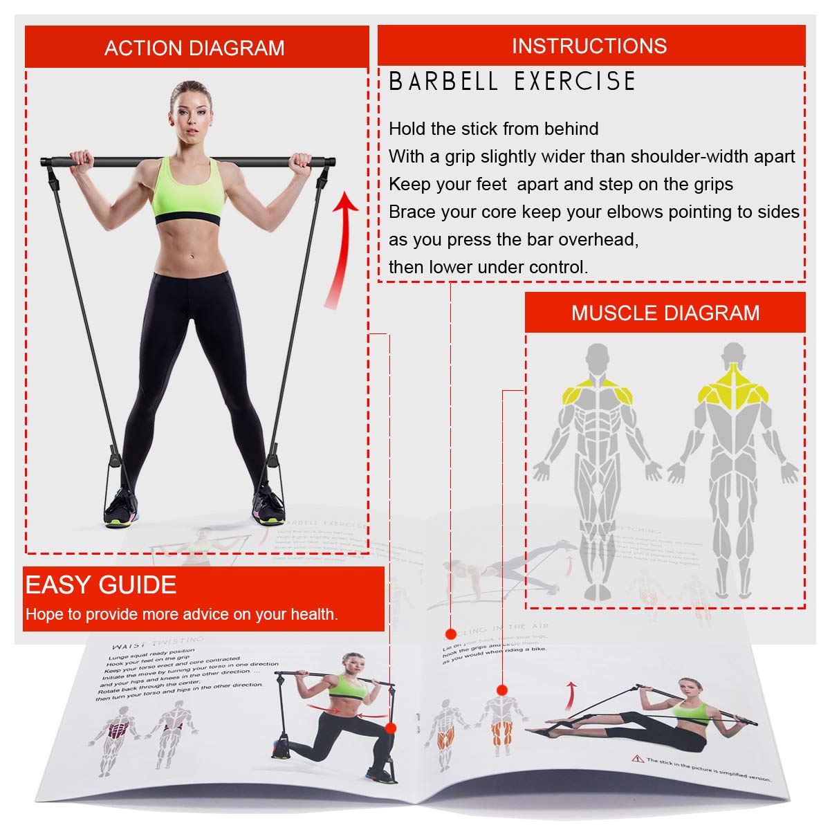 Adjustable Pilates Bar Kit with Resistance Bands - Portable Yoga Toning Stick for Home Gym, Full Body Workout Equipment (Includes User Guide) - Perfect for Pilates, Yoga, Strength Training & Home Fitness Routines