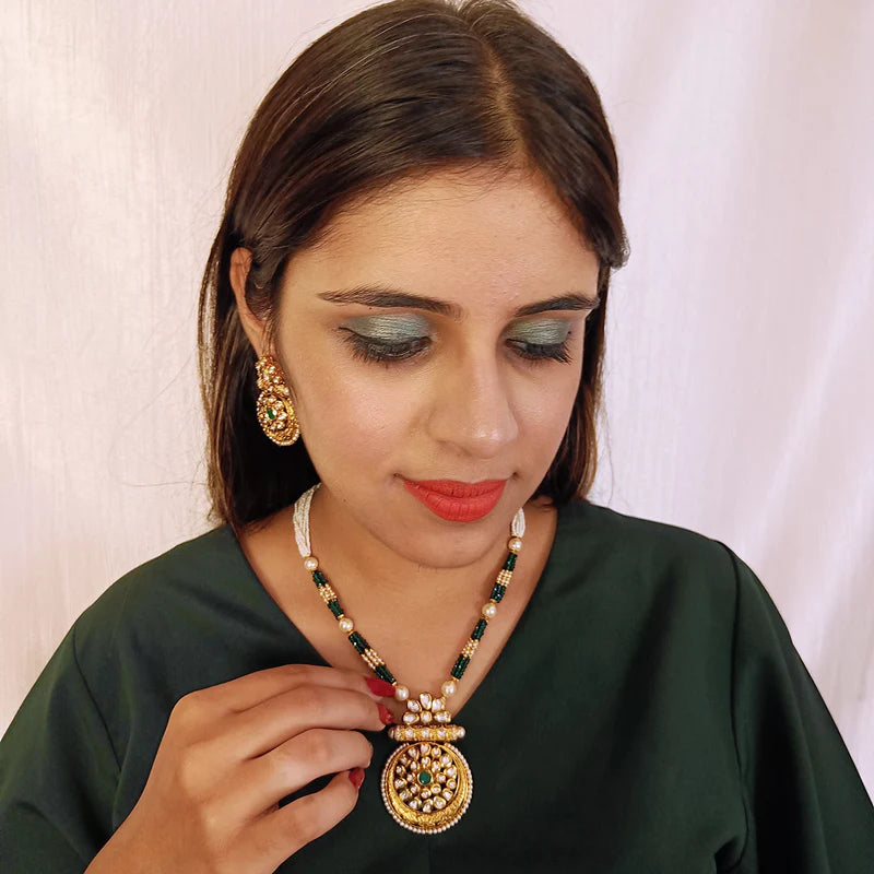 Luxury Gold Plated Royal Kundan Ruby Beads Pendant Necklace Set (D437) - Perfect for Weddings, Parties & Special Occasions