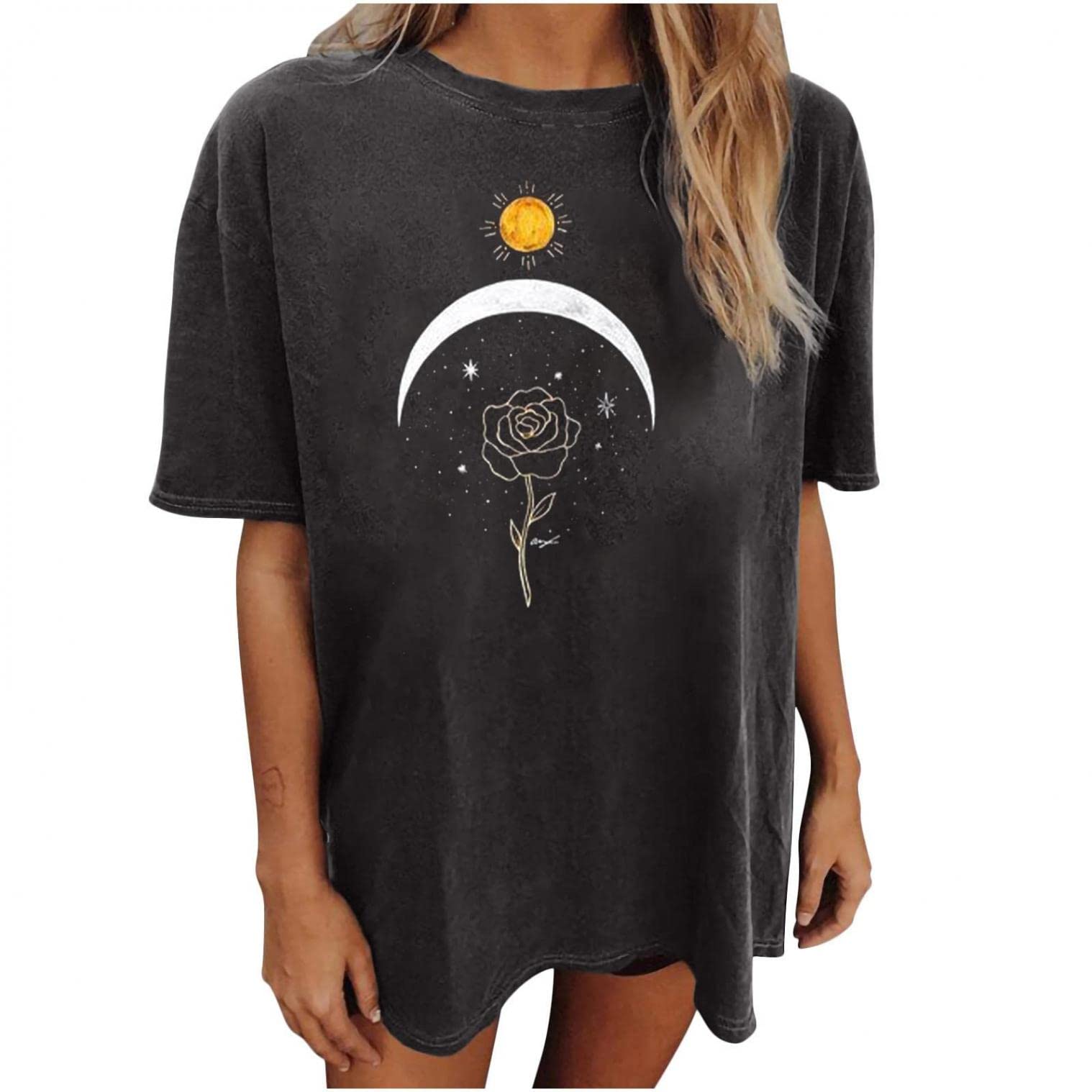 Women's Floral Moon Wildflowers Print T-Shirt - Casual Short Sleeve Round Neck Blouse for Everyday Wear | Perfect for Spring Outfits, Summer Fashion & Casual Office Looks