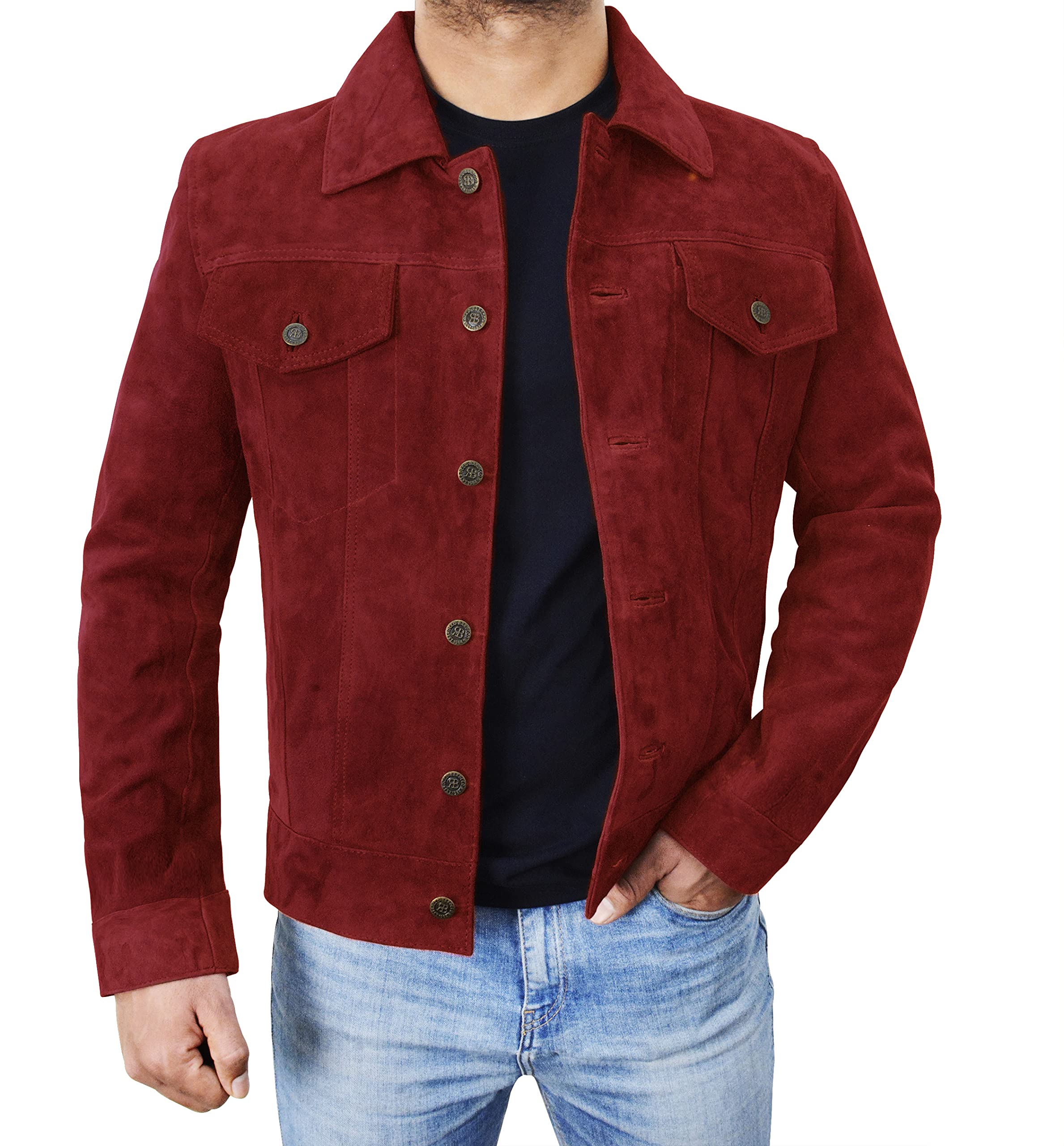 Men's Suede Trucker Jacket - Western Style Cowboy Leather Coat for Casual Wear & Outdoor Adventures | Vintage Biker Jacket for Motorcycle Riding & Country Style Fashion